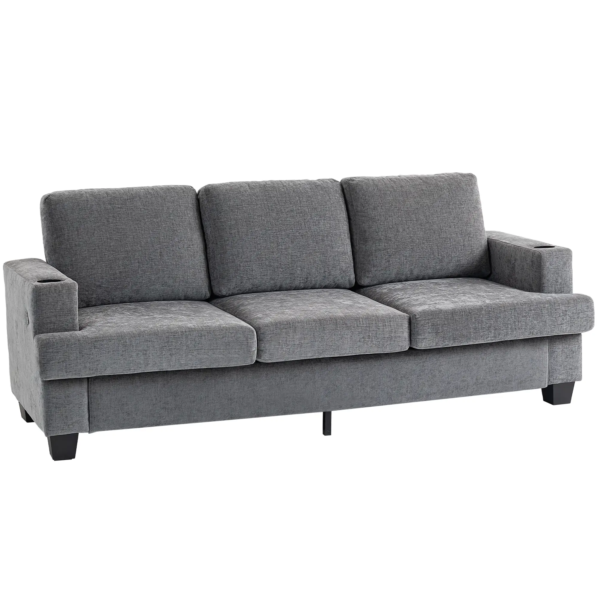 3 Seater Sofa with USB Ports, Cup Holders, Chenille Upholstery, Grey - Image 11