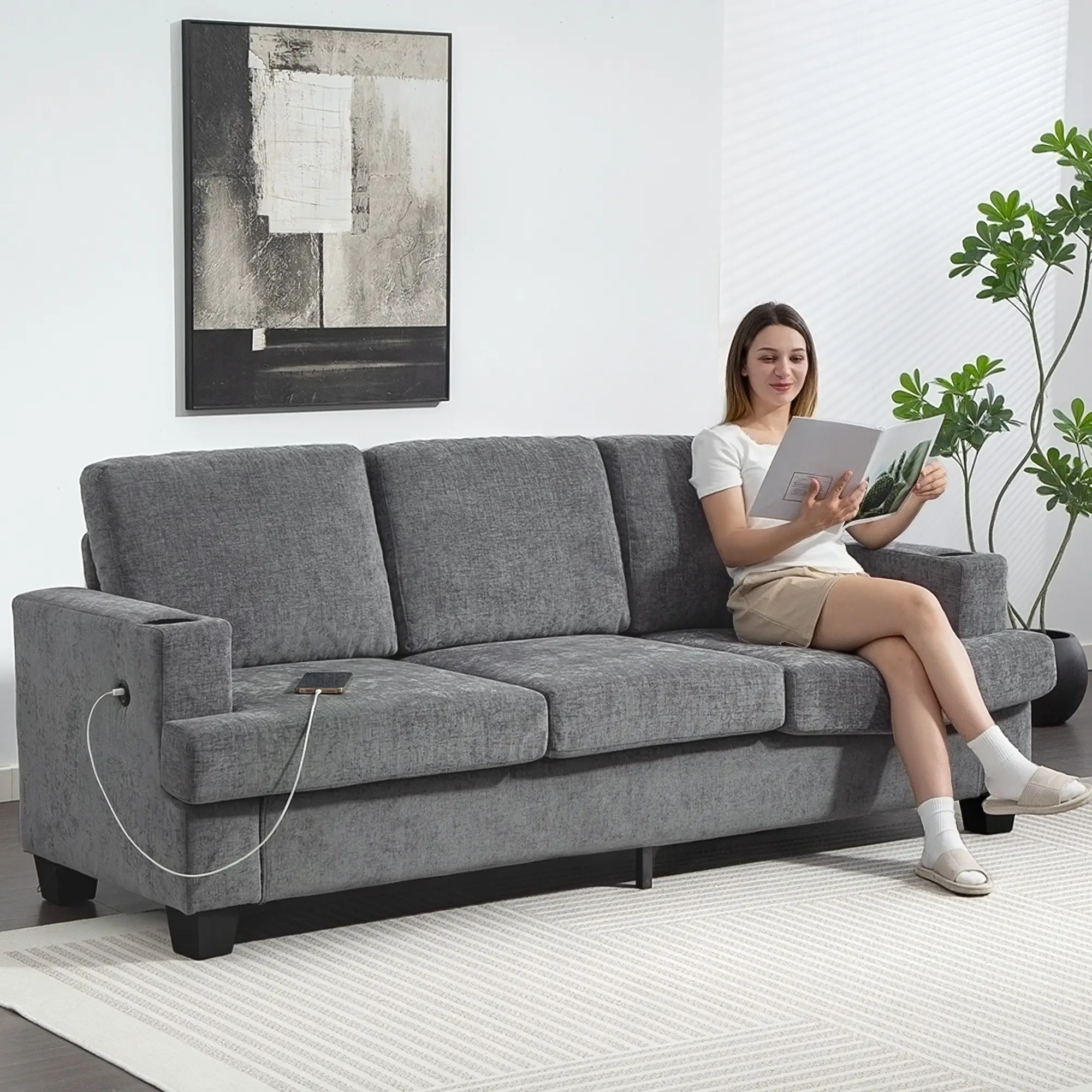 3 Seater Sofa with USB Ports, Cup Holders, Chenille Upholstery, Grey - Image 2