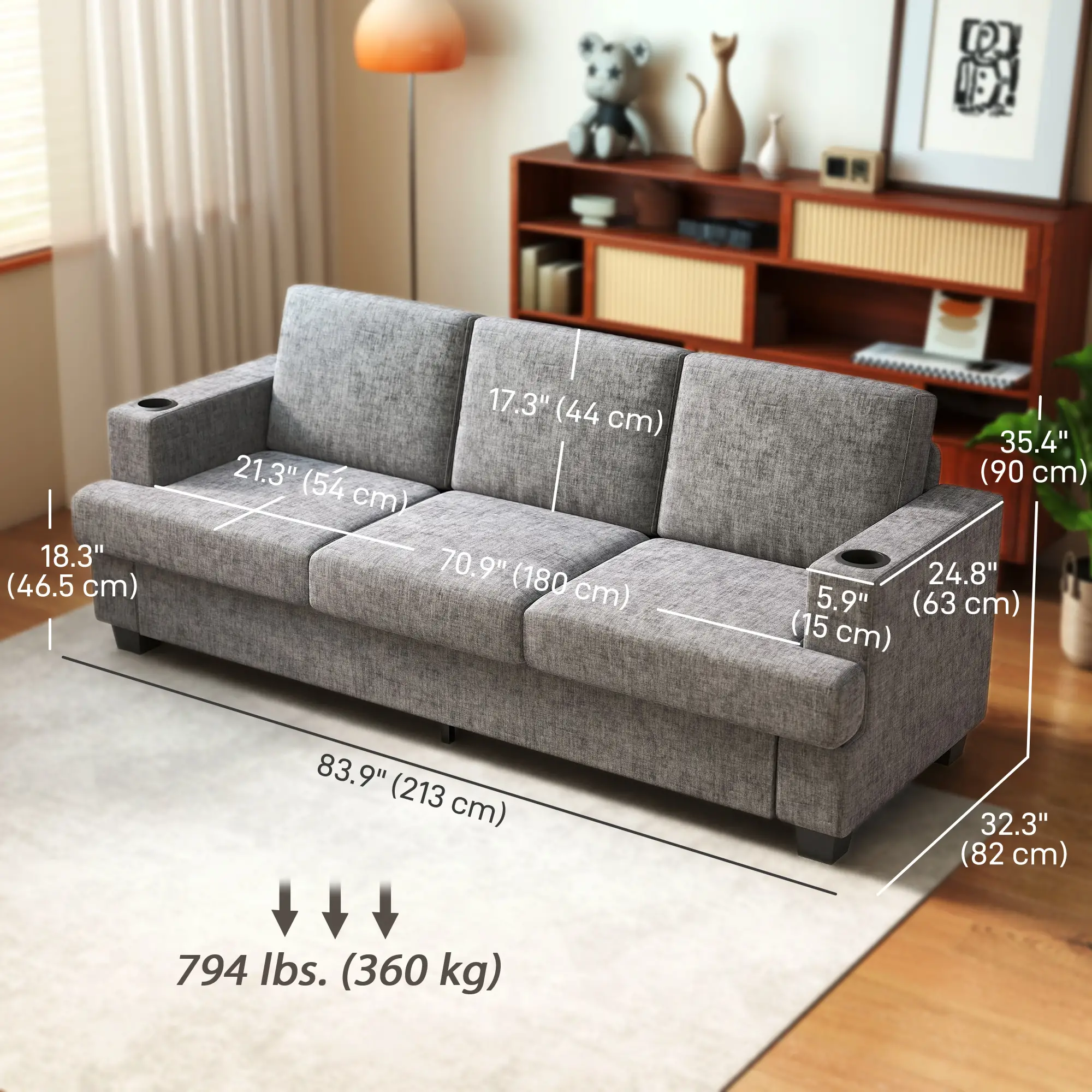 3 Seater Sofa with USB Ports, Cup Holders, Chenille Upholstery, Grey - Image 3