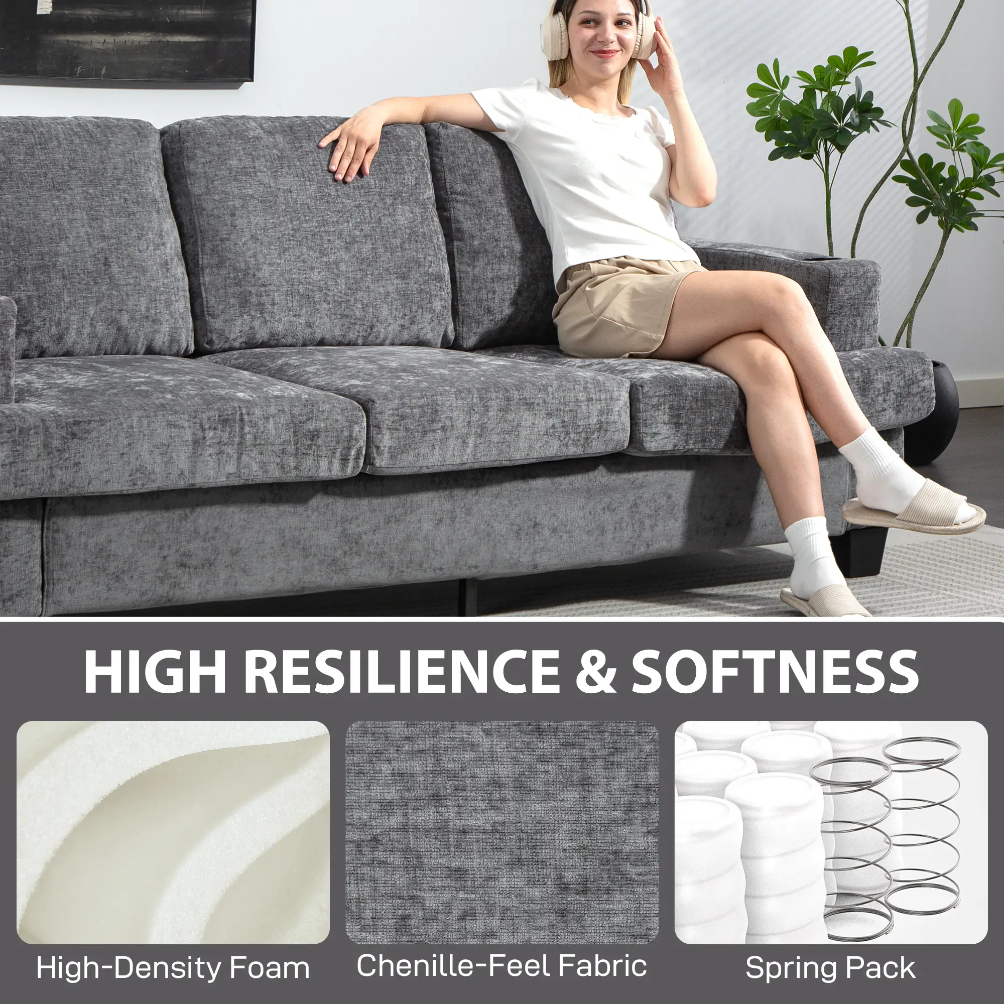 3 Seater Sofa with USB Ports, Cup Holders, Chenille Upholstery, Grey - Image 6