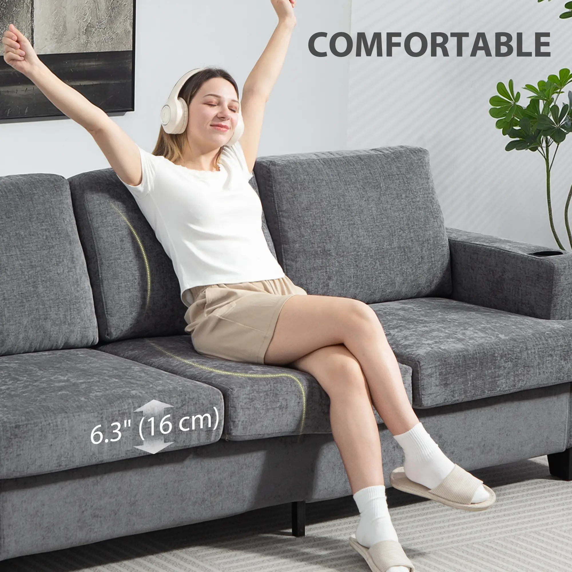 3 Seater Sofa with USB Ports, Cup Holders, Chenille Upholstery, Grey - Image 7