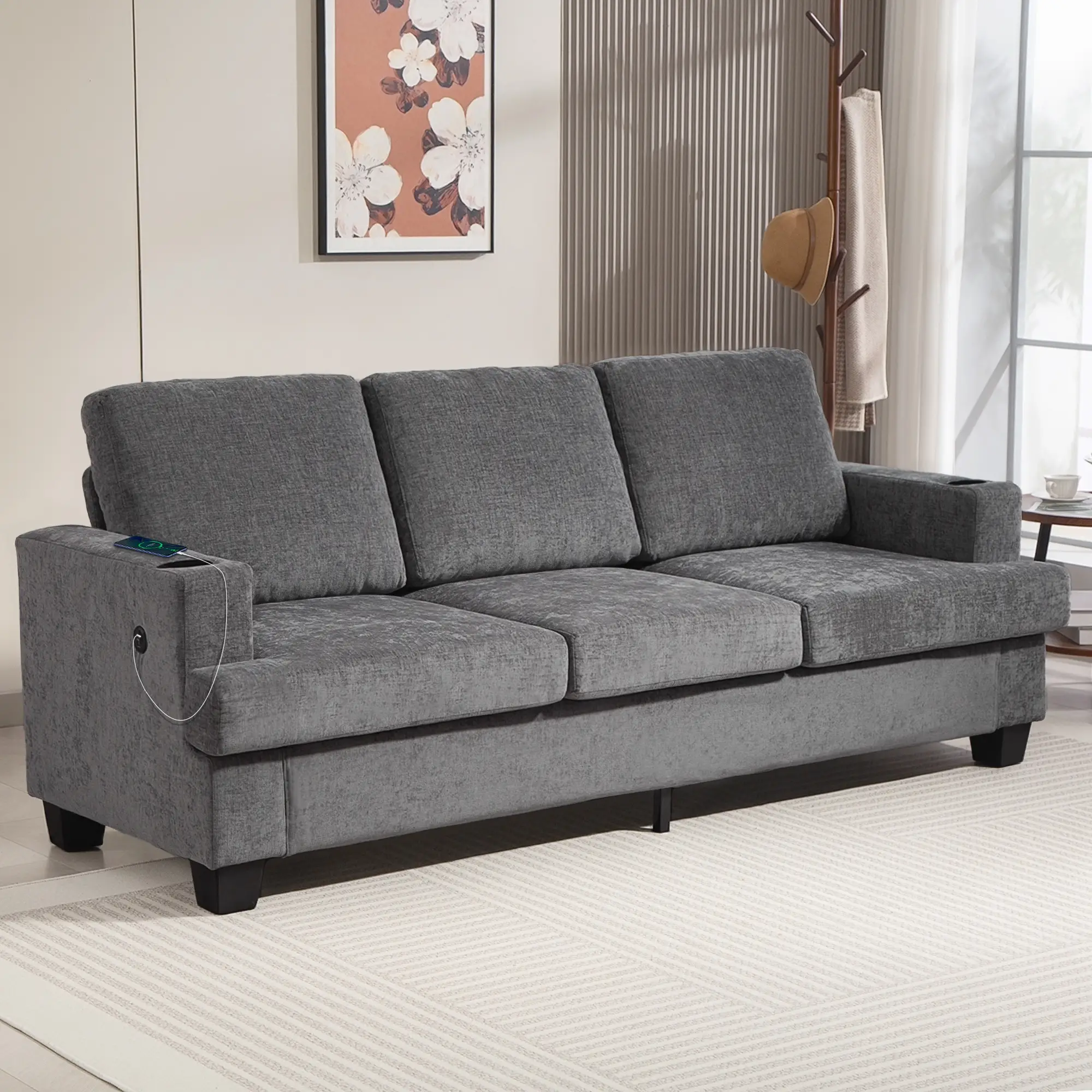 3 Seater Sofa with USB Ports, Cup Holders, Chenille Upholstery, Grey - Image 8