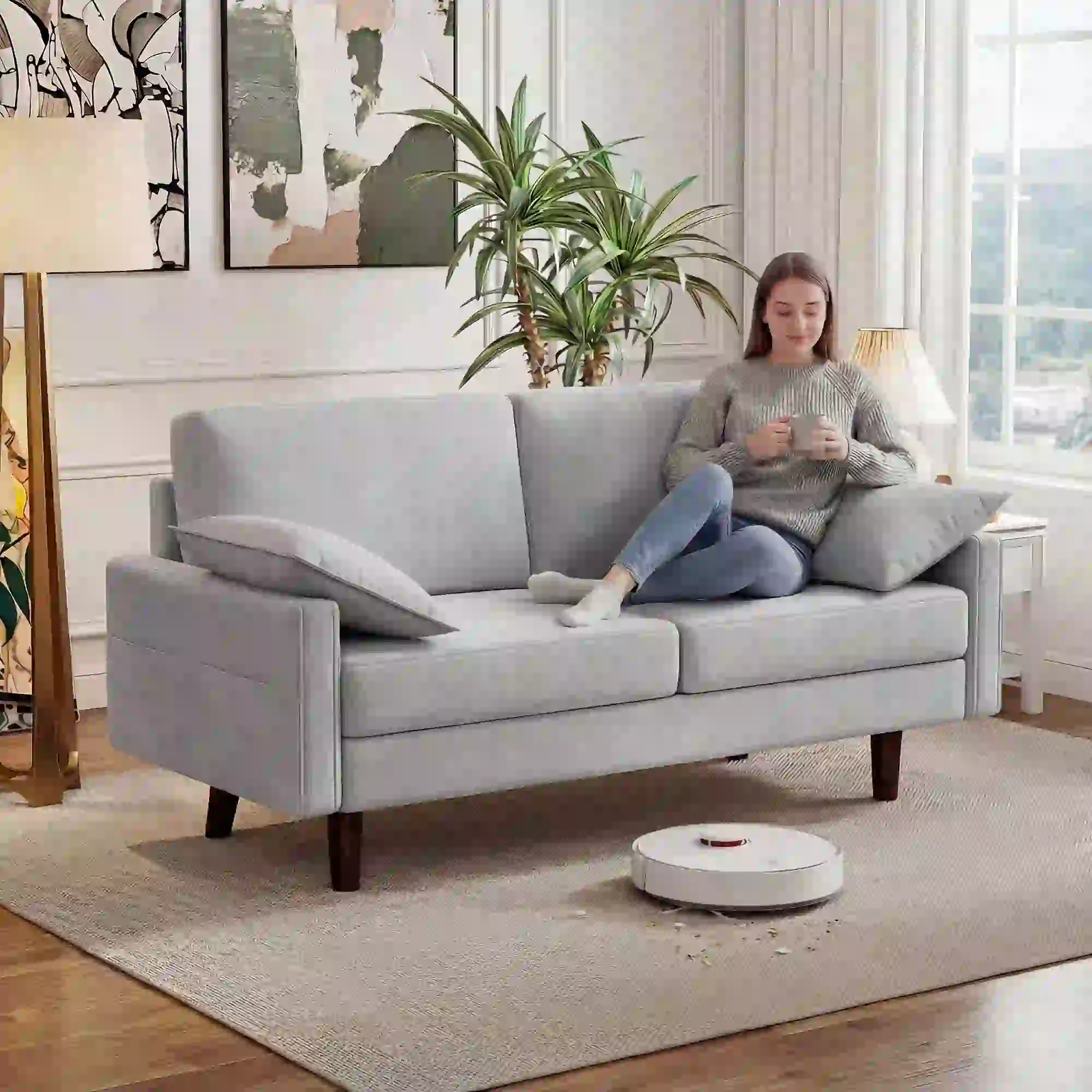 3 Seater Velvet Sofa, Spring Cushions, Rubber Wood Legs, Grey - Image 2