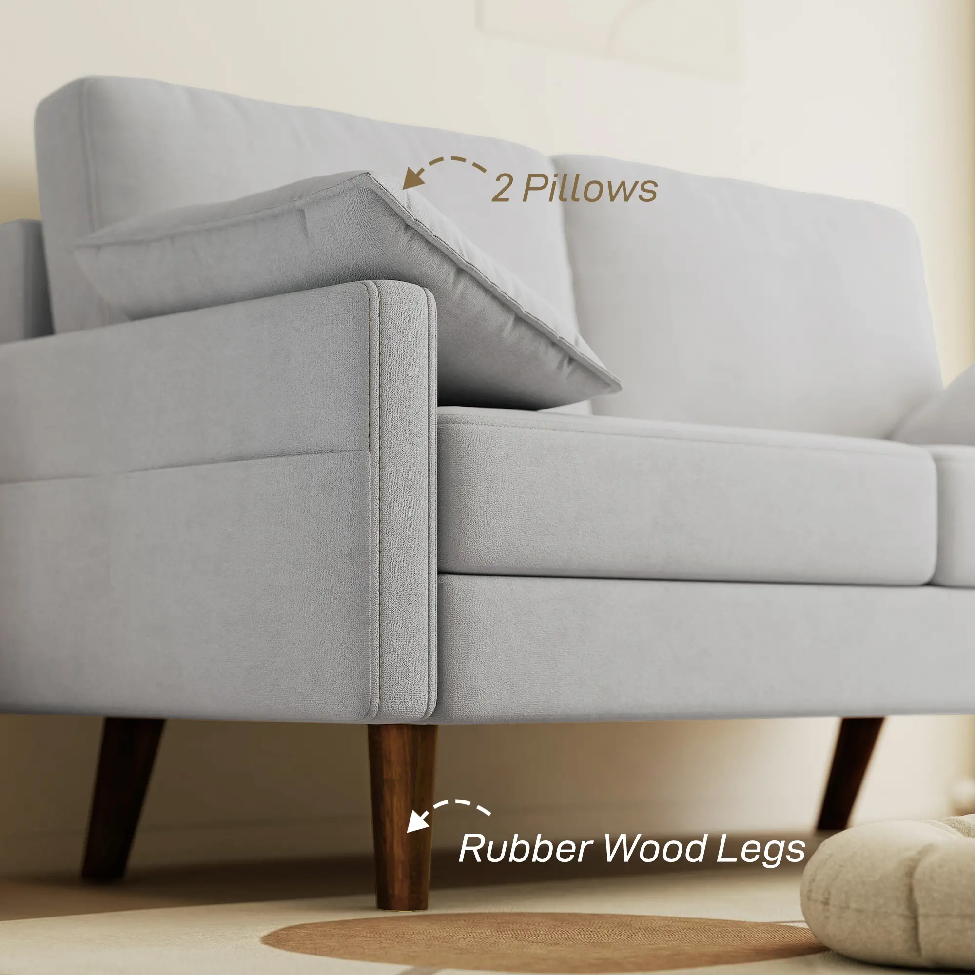 3 Seater Velvet Sofa, Spring Cushions, Rubber Wood Legs, Grey - Image 5