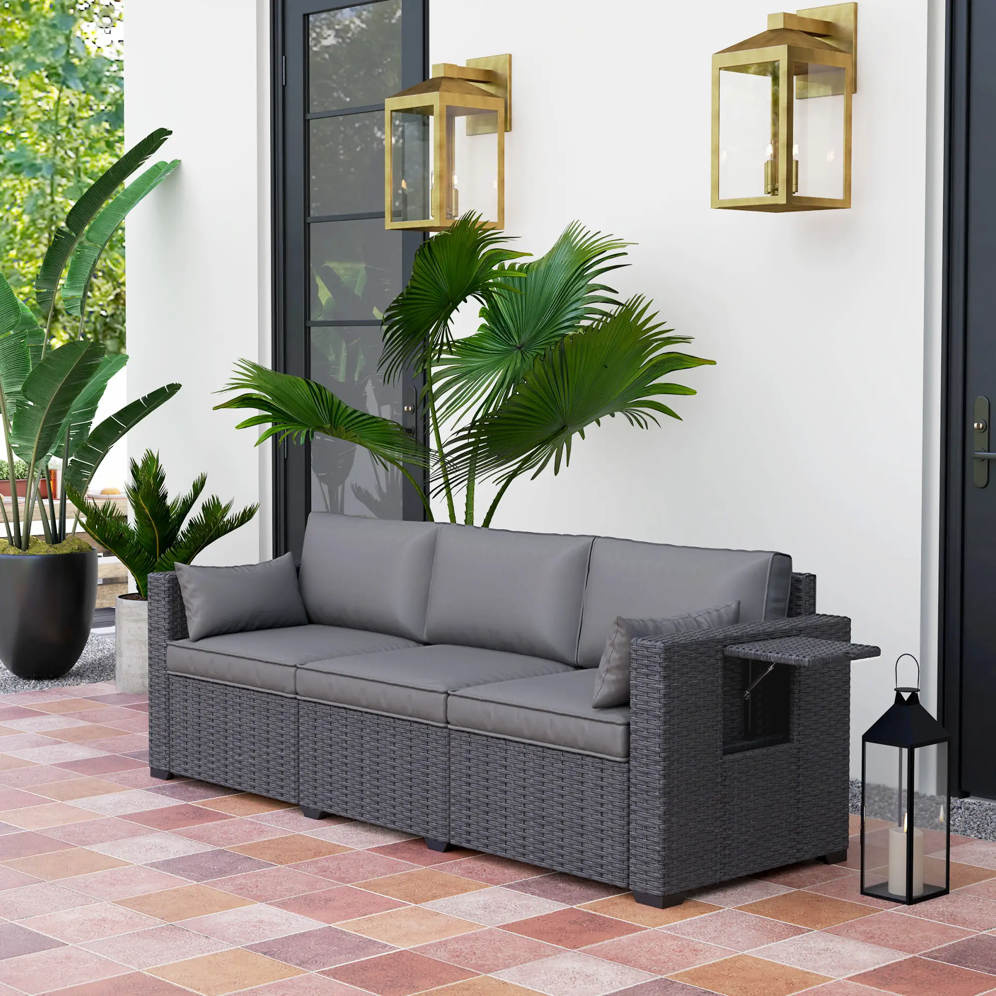 3 Seater Wicker Patio Sofa, 6" Thick Cushions, Deep Seating, Grey - Image 2