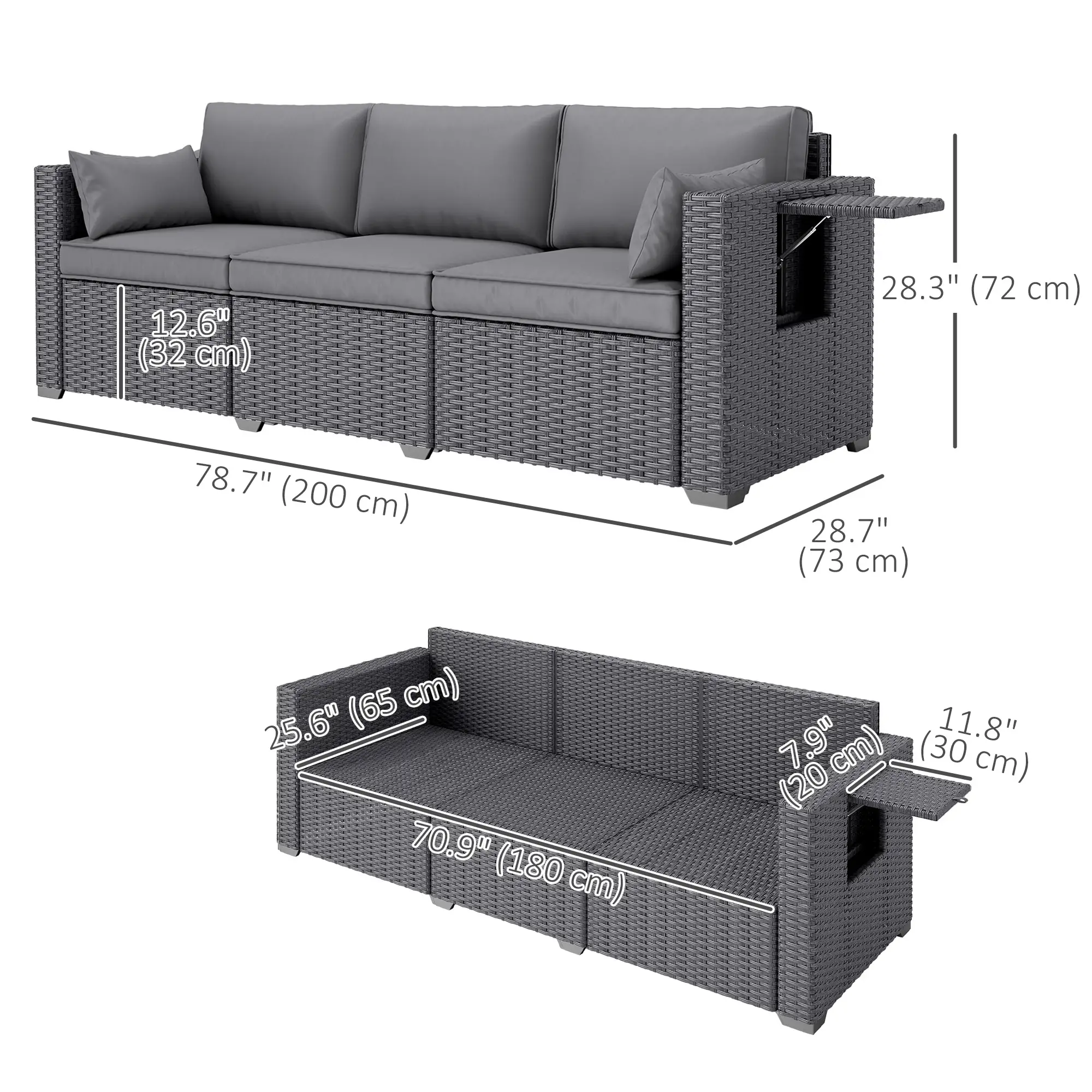 3 Seater Wicker Patio Sofa, 6" Thick Cushions, Deep Seating, Grey - Image 3