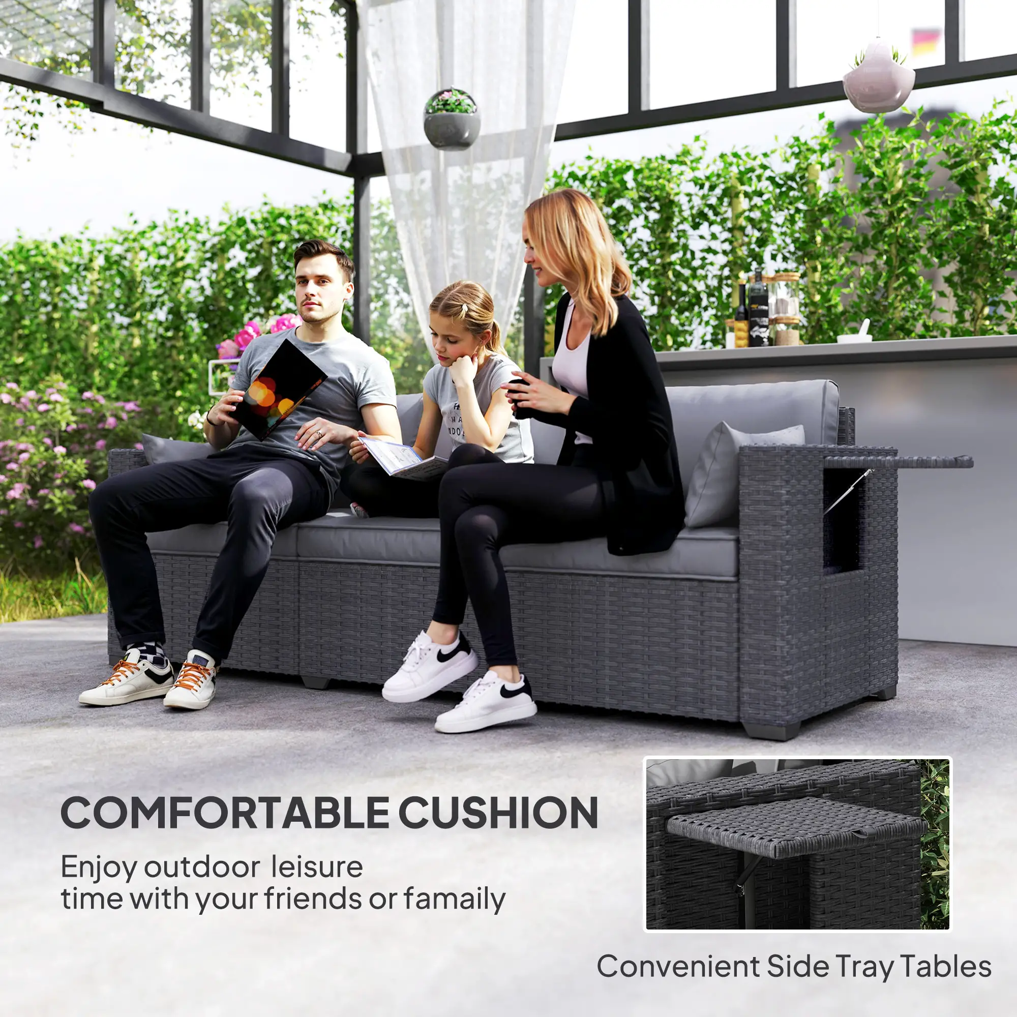 3 Seater Wicker Patio Sofa, 6" Thick Cushions, Deep Seating, Grey - Image 4