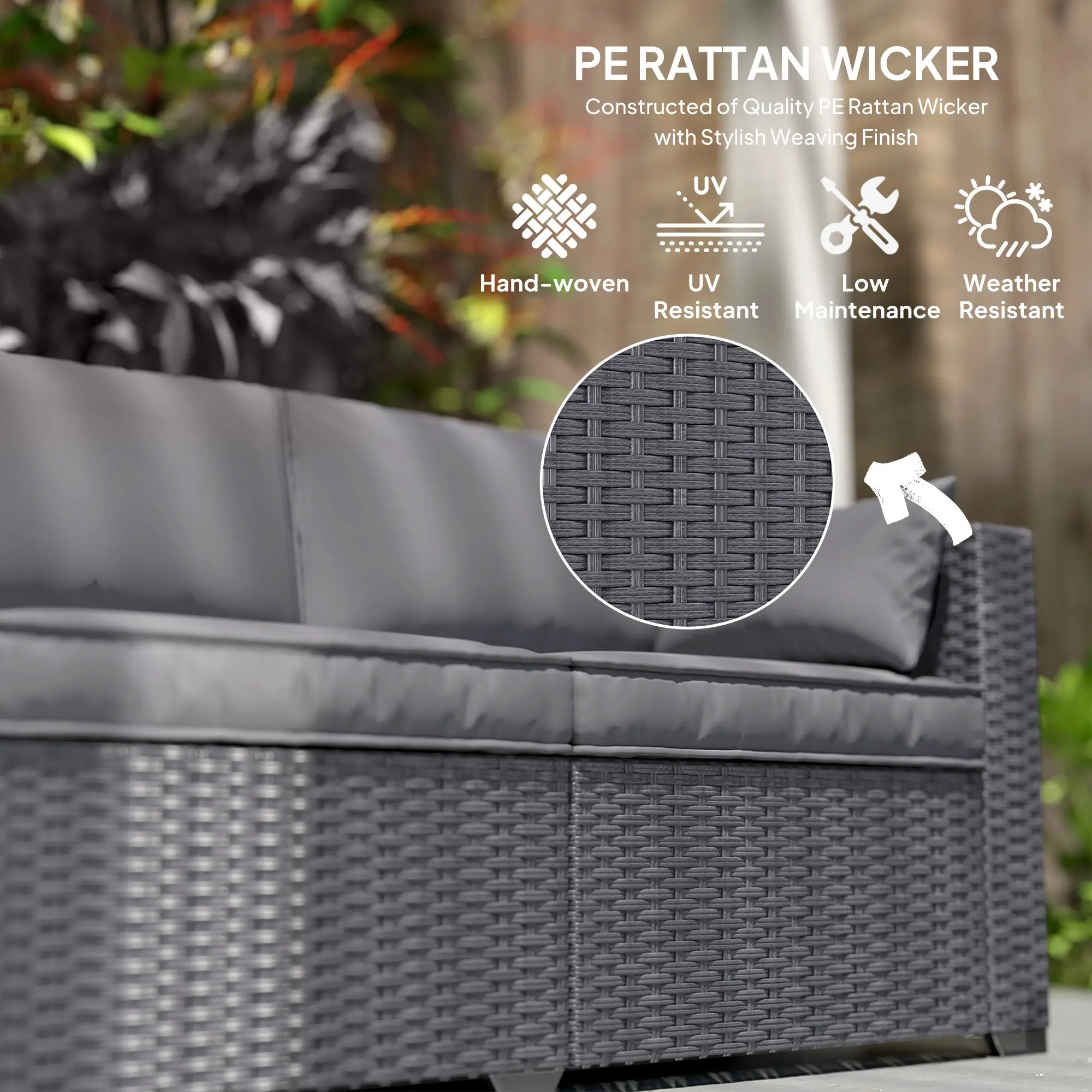 3 Seater Wicker Patio Sofa, 6" Thick Cushions, Deep Seating, Grey - Image 5