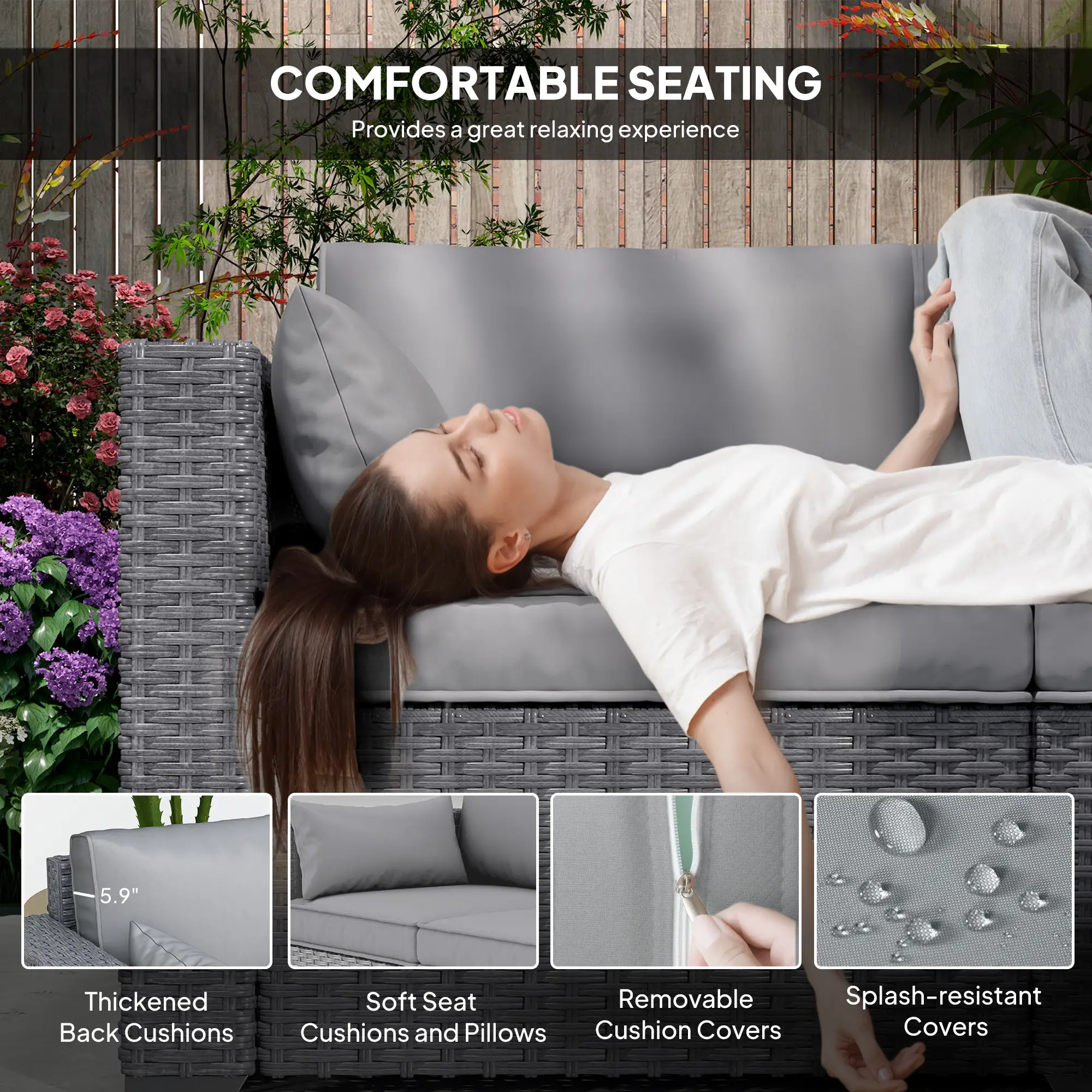 3 Seater Wicker Patio Sofa, 6" Thick Cushions, Deep Seating, Grey - Image 6