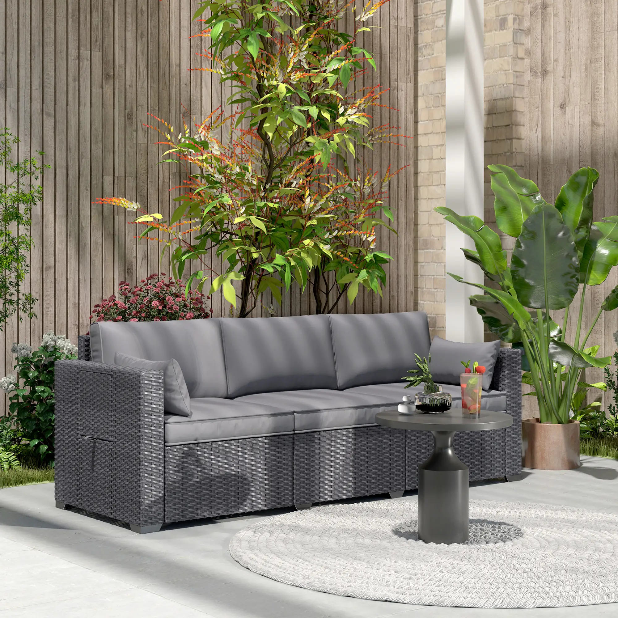 3 Seater Wicker Patio Sofa, 6" Thick Cushions, Deep Seating, Grey - Image 8