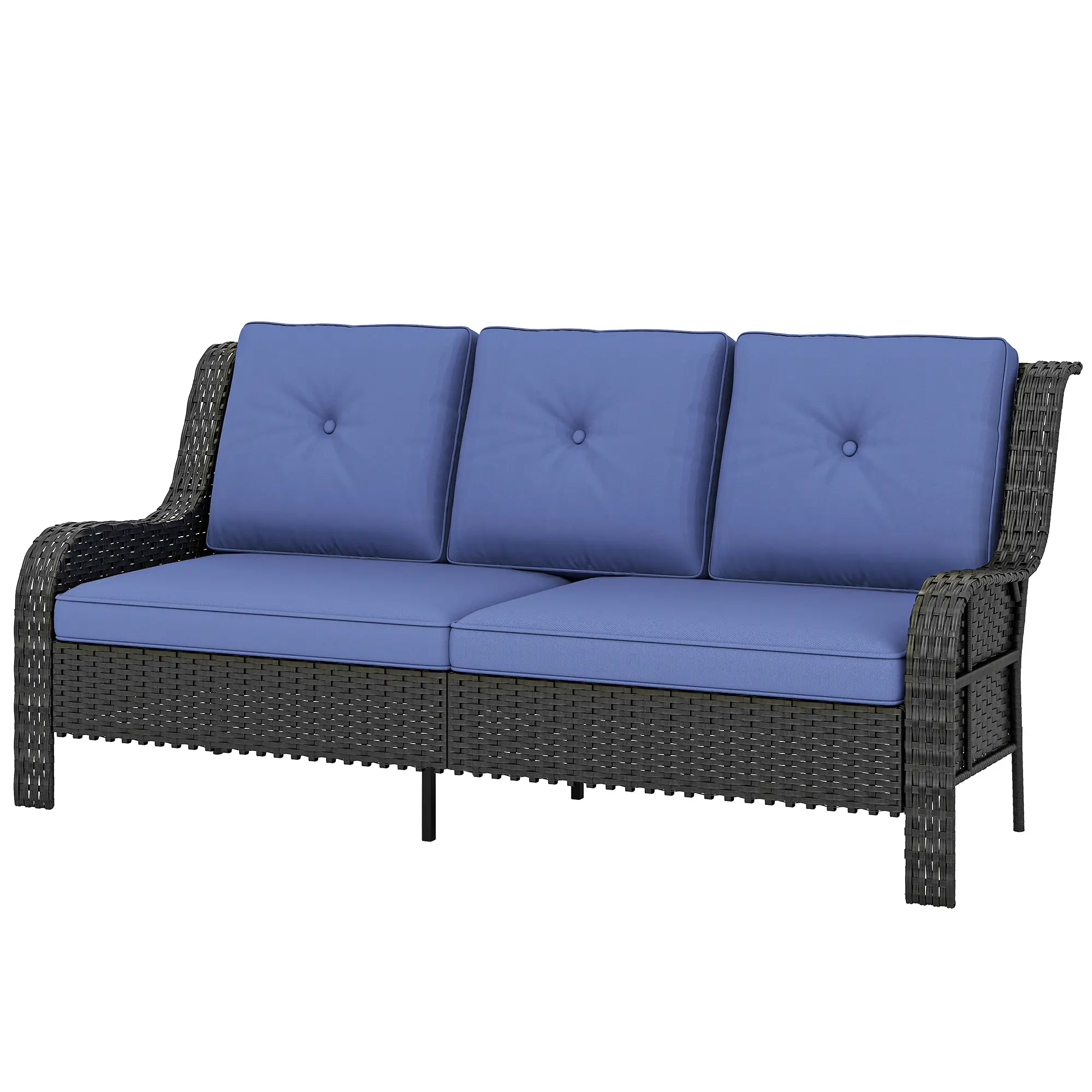 3 Seater Wicker Patio Sofa With Cushions, Deep Blue