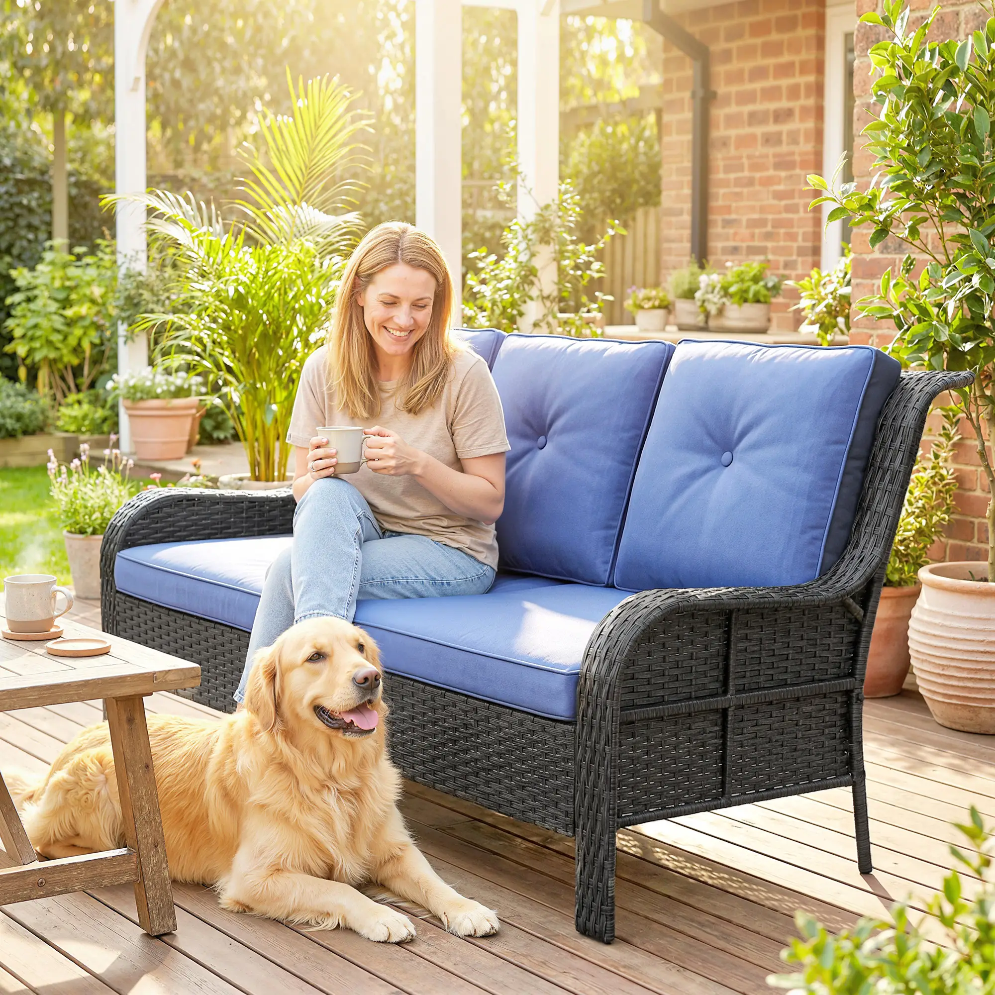 3 Seater Wicker Patio Sofa With Cushions, Deep Blue - Image 10