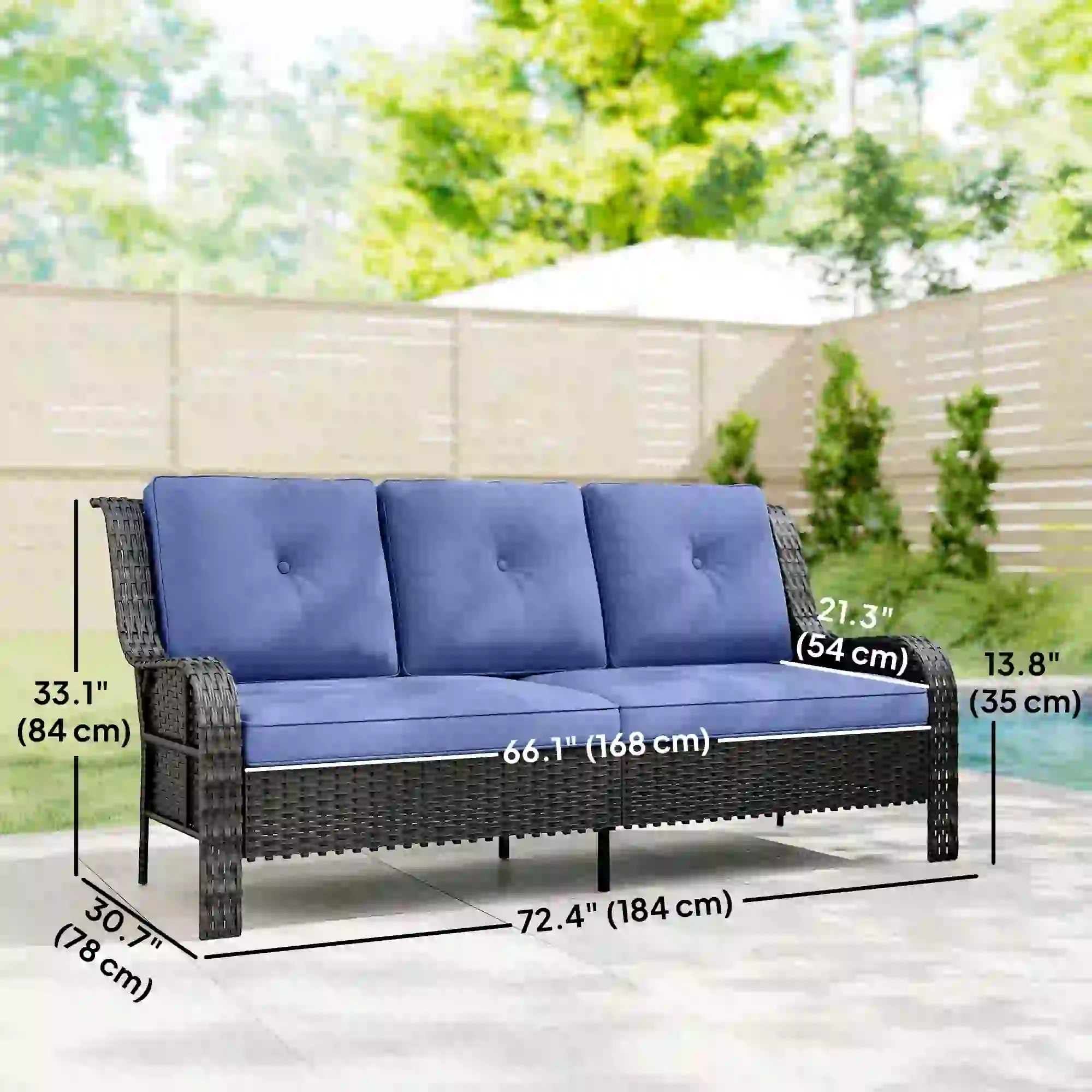3 Seater Wicker Patio Sofa With Cushions, Deep Blue - Image 3
