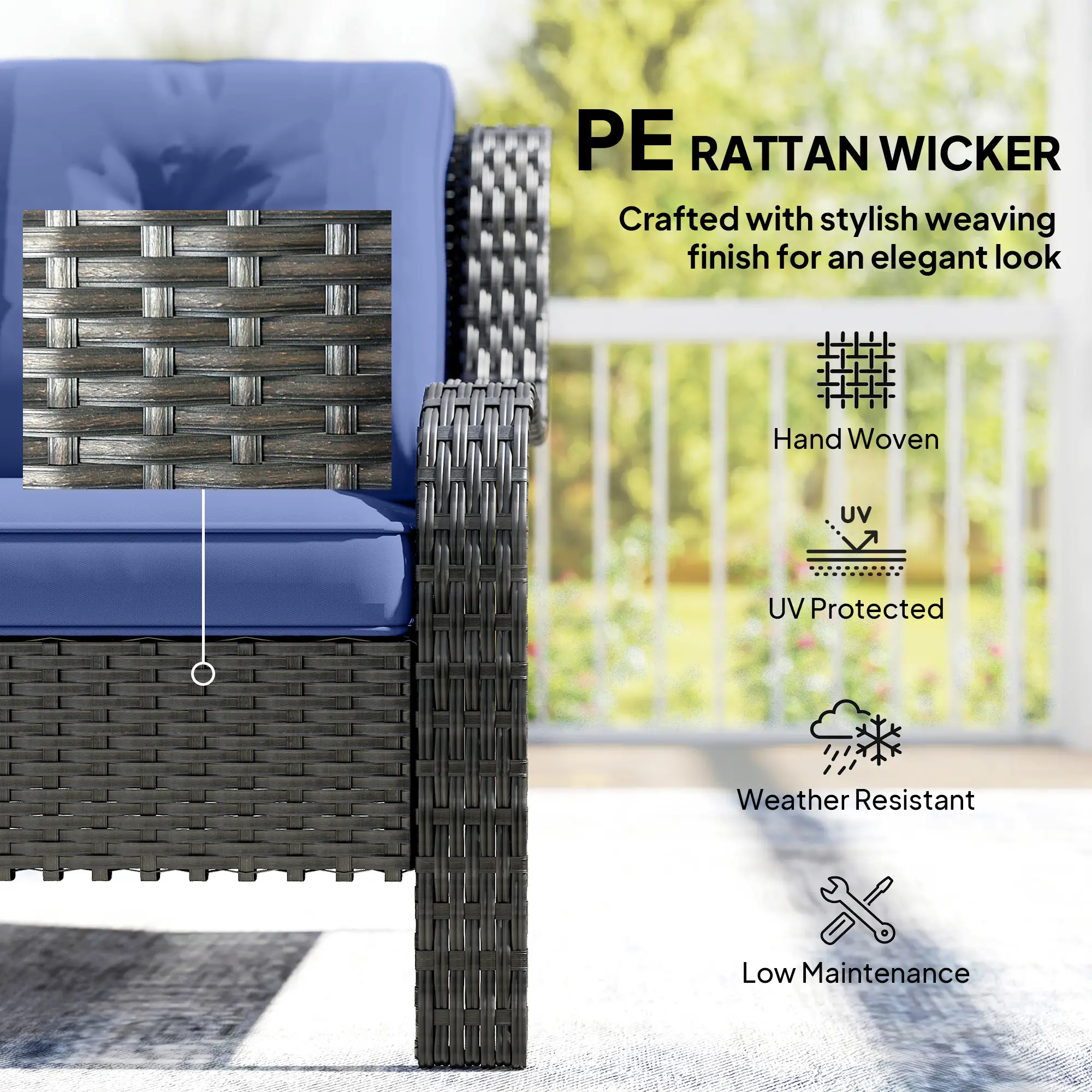 3 Seater Wicker Patio Sofa With Cushions, Deep Blue - Image 4