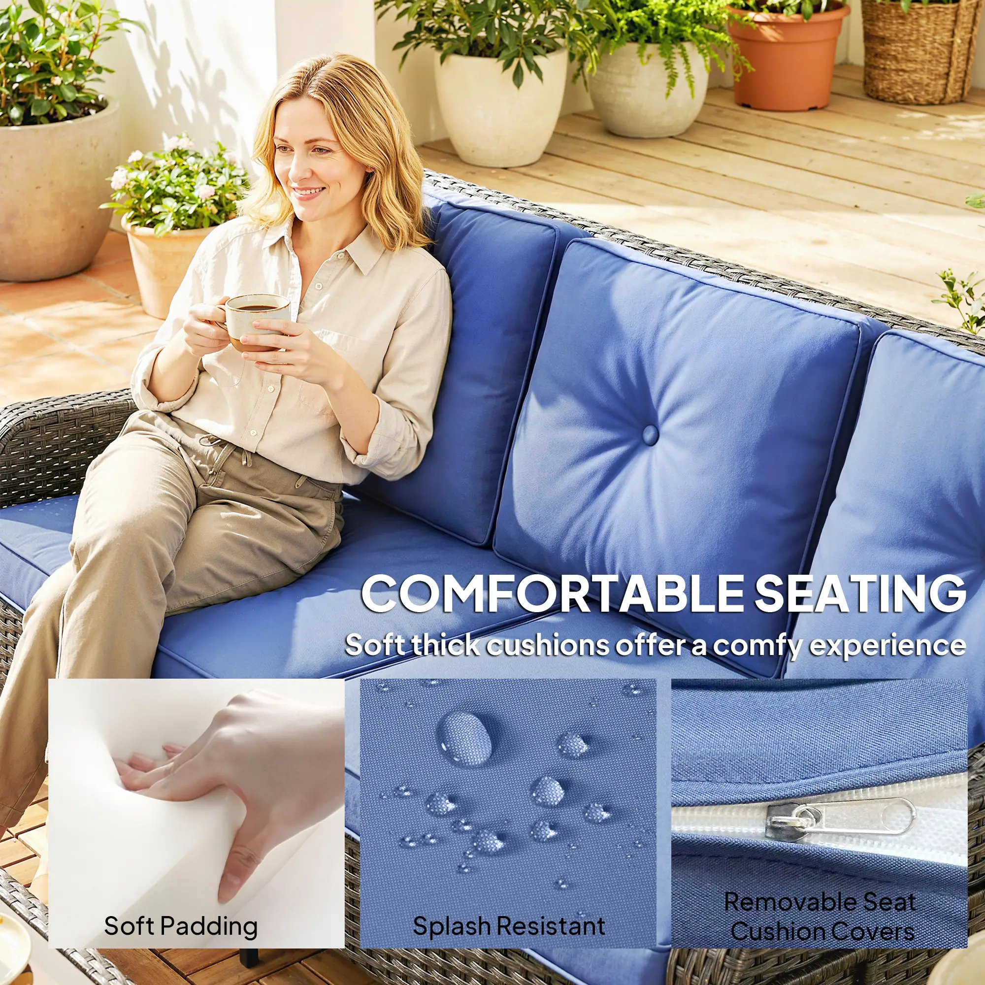 3 Seater Wicker Patio Sofa With Cushions, Deep Blue - Image 5