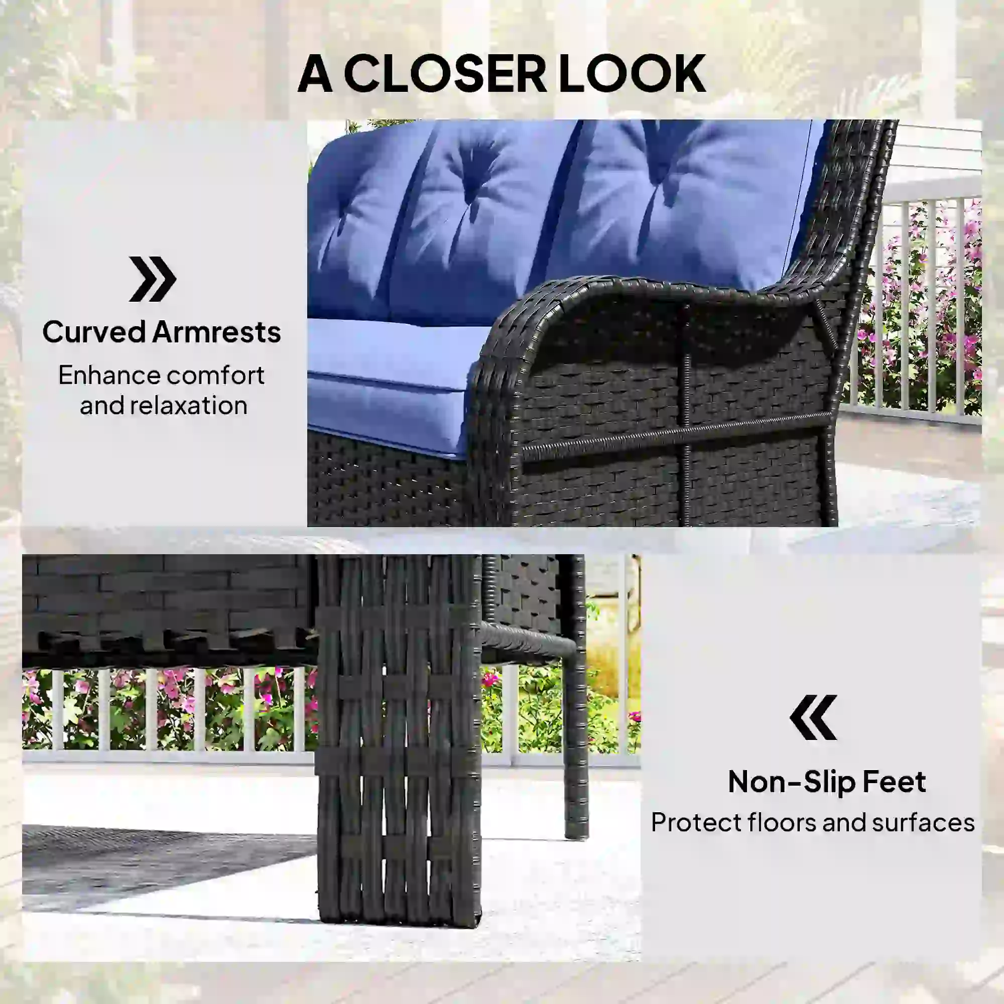 3 Seater Wicker Patio Sofa With Cushions, Deep Blue - Image 6