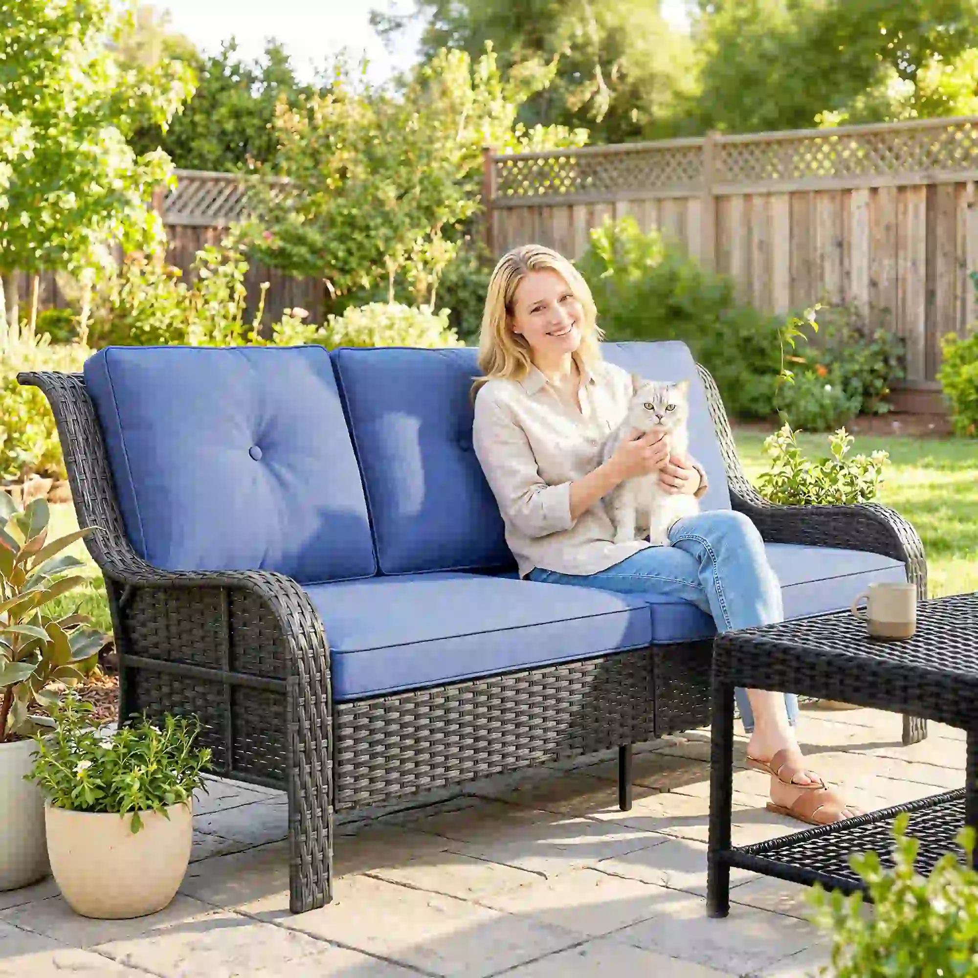 3 Seater Wicker Patio Sofa With Cushions, Deep Blue - Image 8