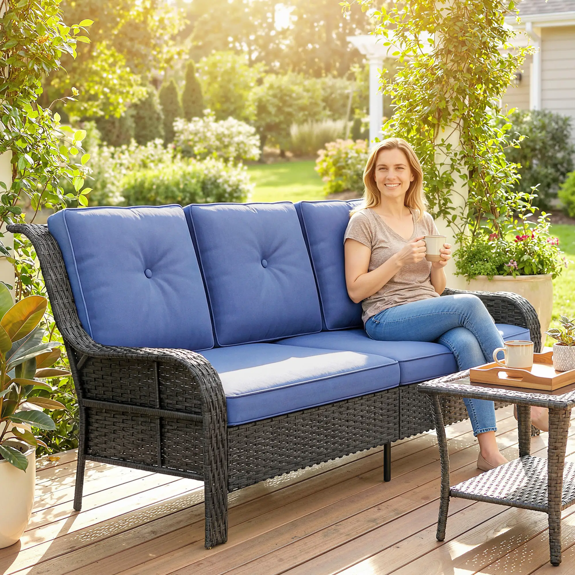 3 Seater Wicker Patio Sofa With Cushions, Deep Blue - Image 9