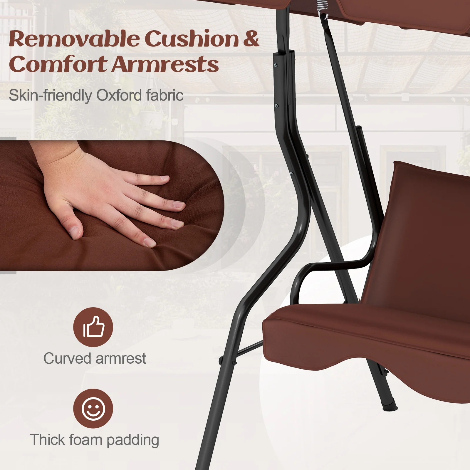 3 Seats Patio Canopy Swing, Brown - Image 10