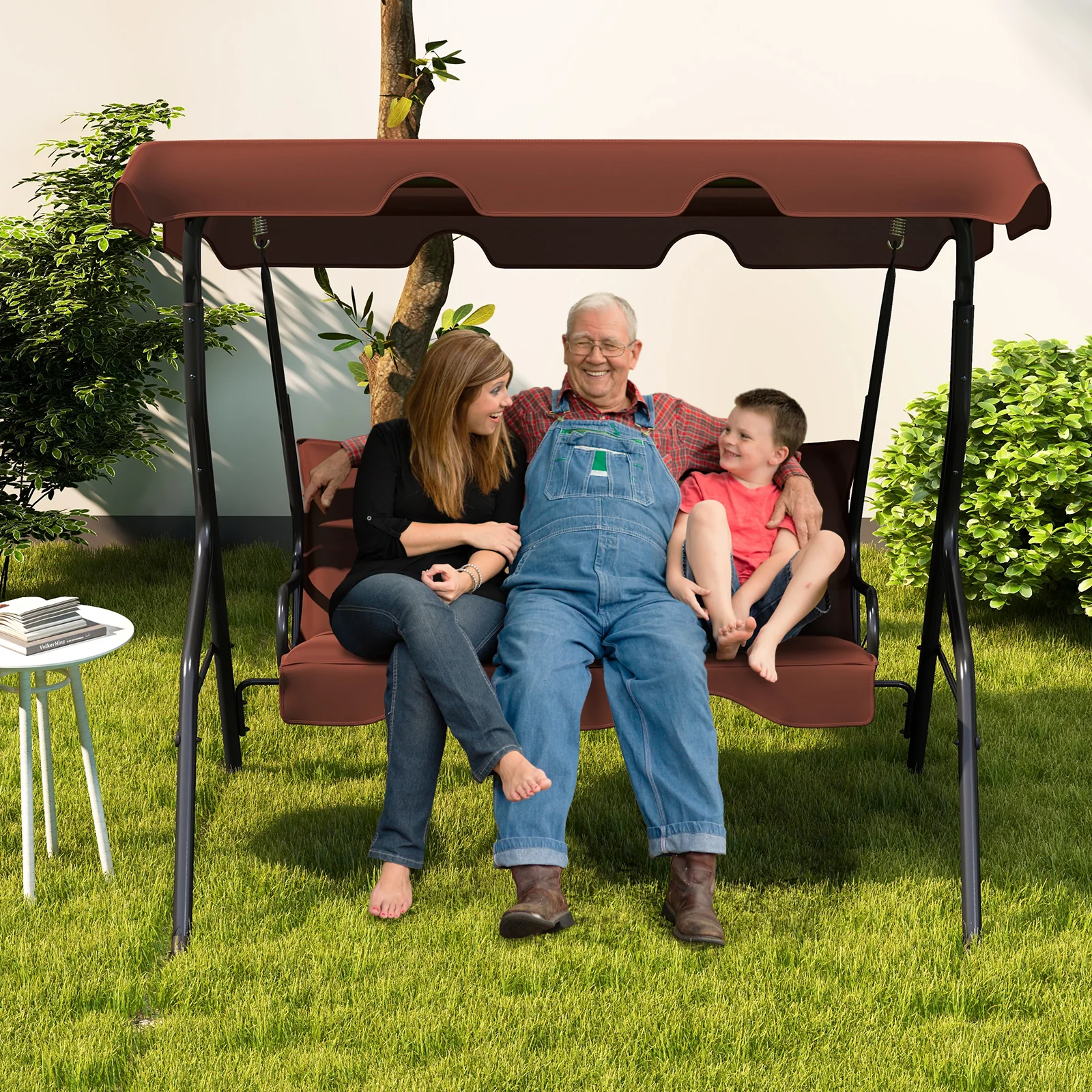 3 Seats Patio Canopy Swing, Brown - Image 3