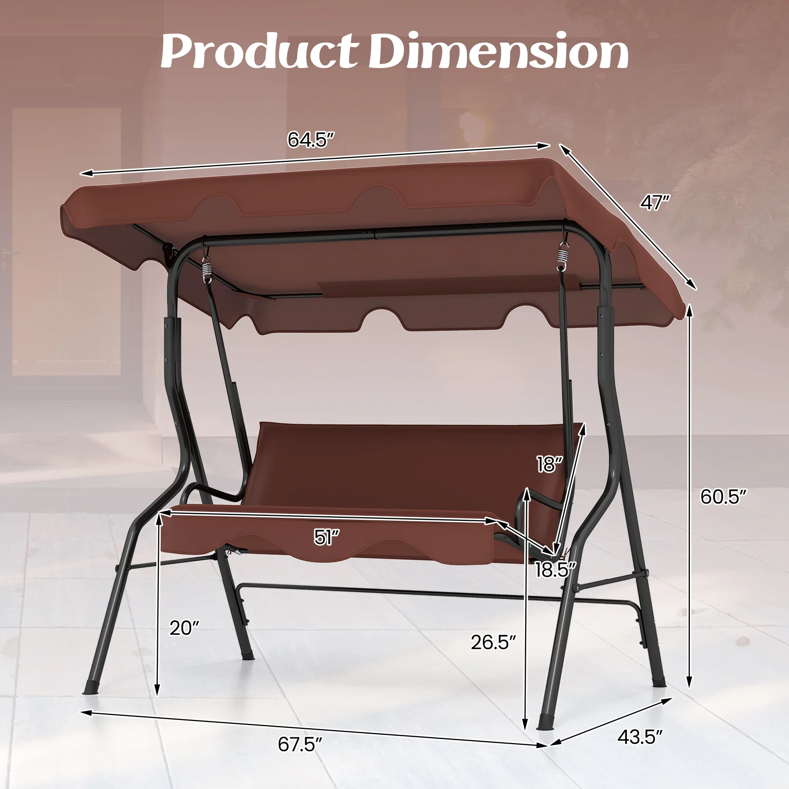 3 Seats Patio Canopy Swing, Brown - Image 6