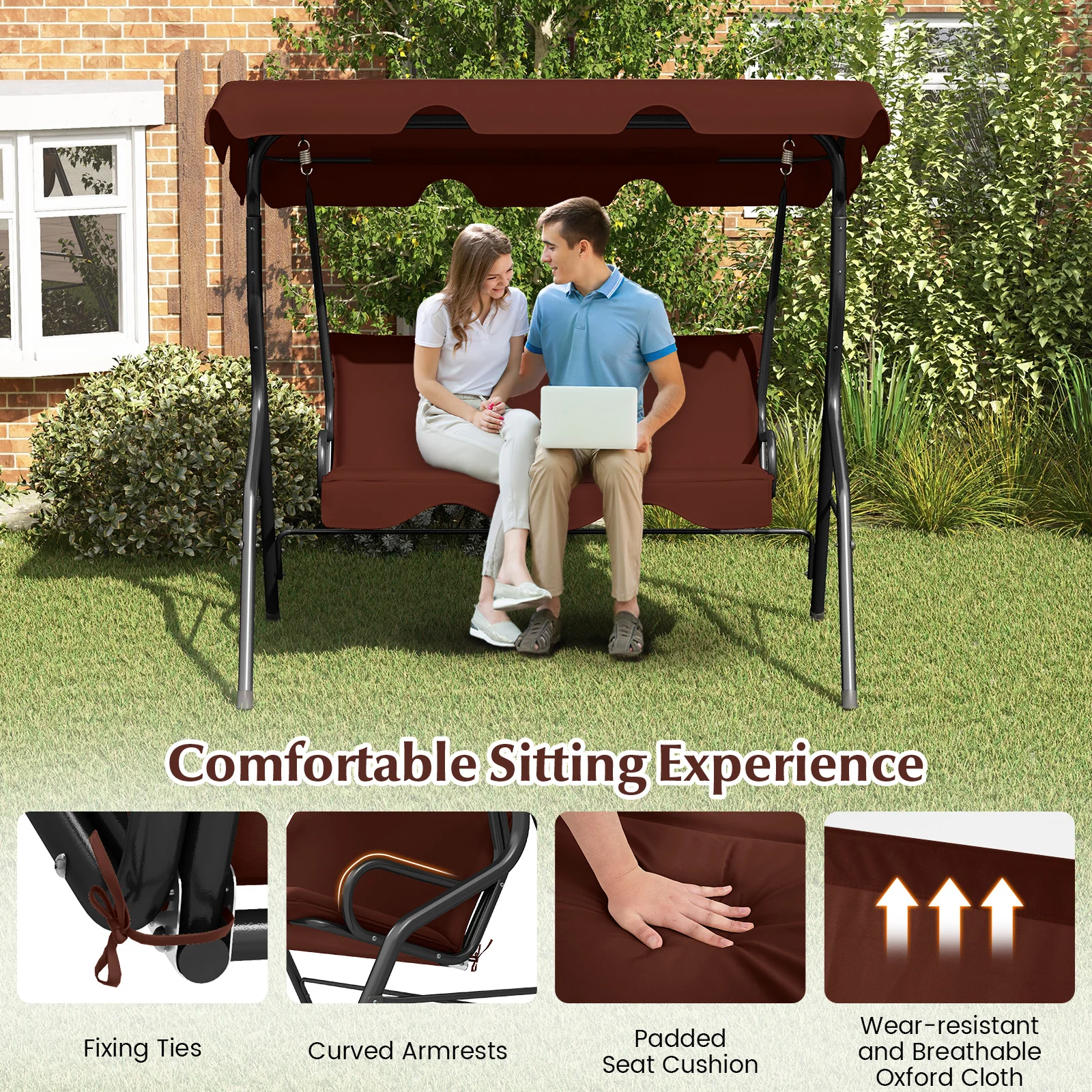 3 Seats Patio Canopy Swing, Brown - Image 7