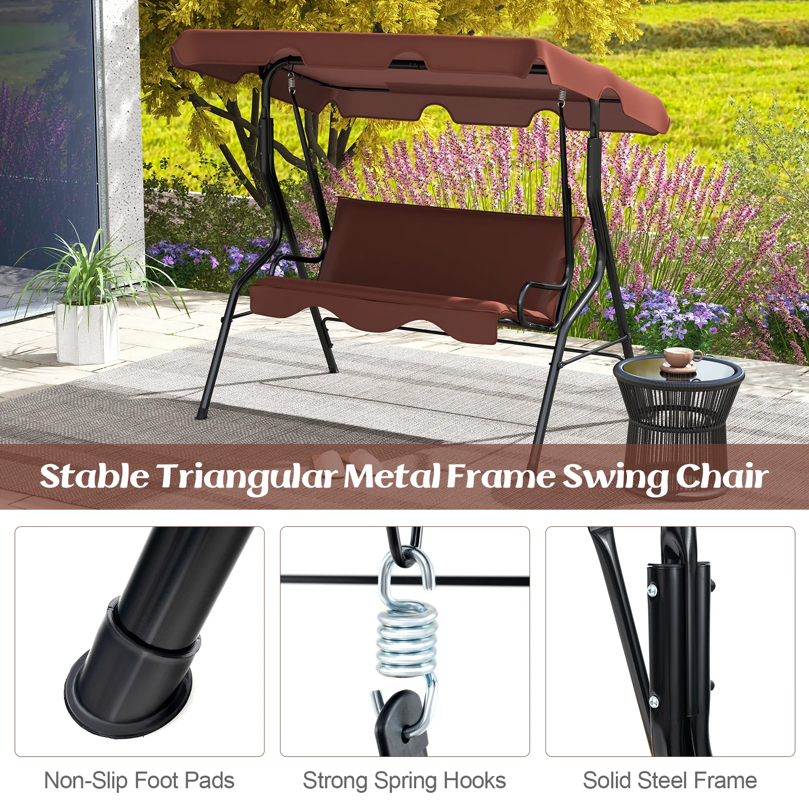 3 Seats Patio Canopy Swing, Brown - Image 8