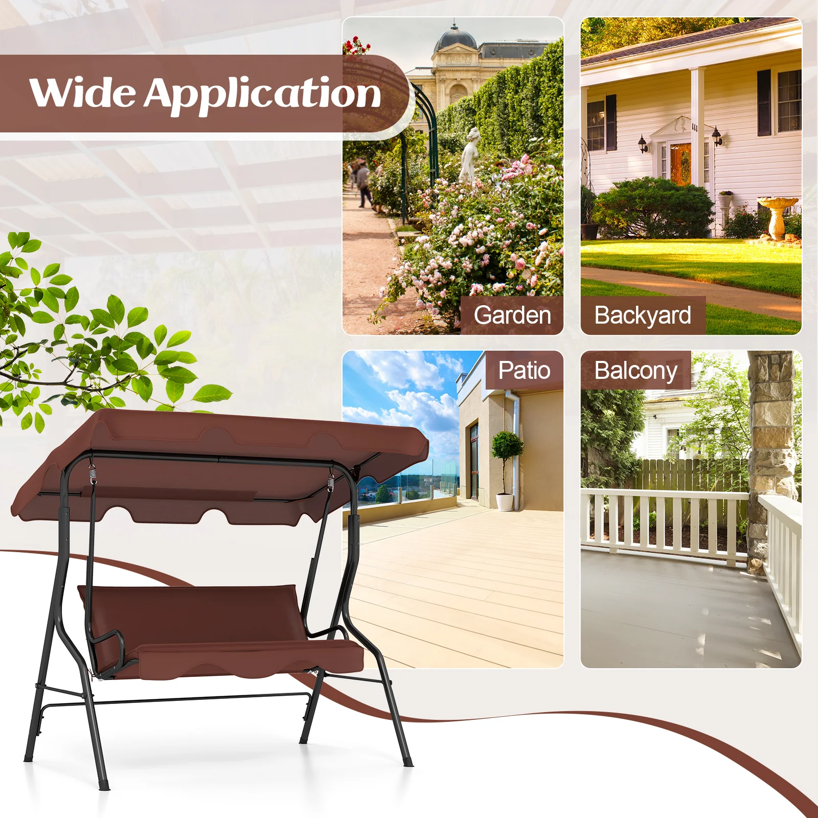 3 Seats Patio Canopy Swing, Brown - Image 9