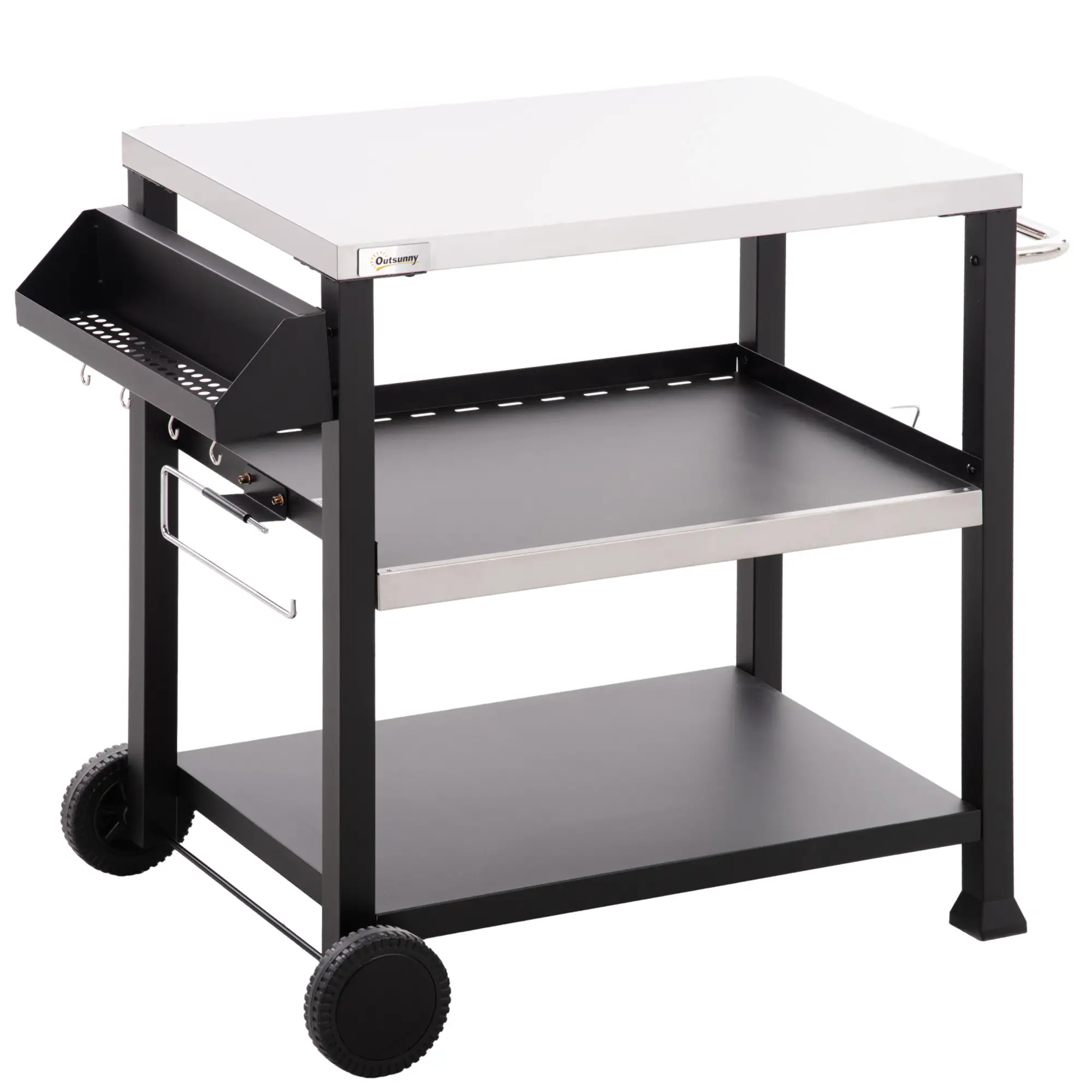 3-Shelf Outdoor Grill Cart, Stainless Steel Pizza Oven Stand On Wheels, Black