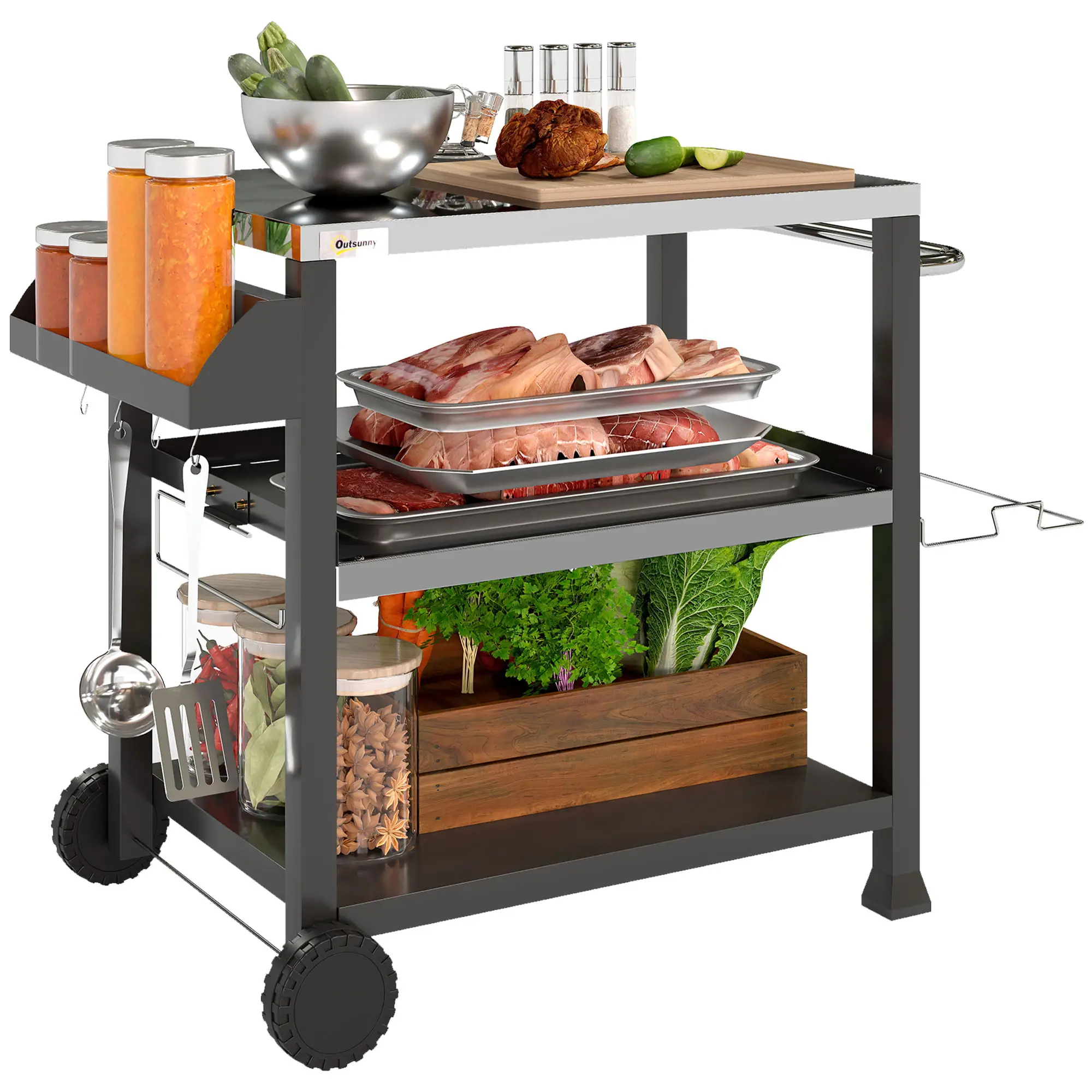 3-Shelf Outdoor Grill Cart, Stainless Steel Pizza Oven Stand On Wheels, Black - Image 11