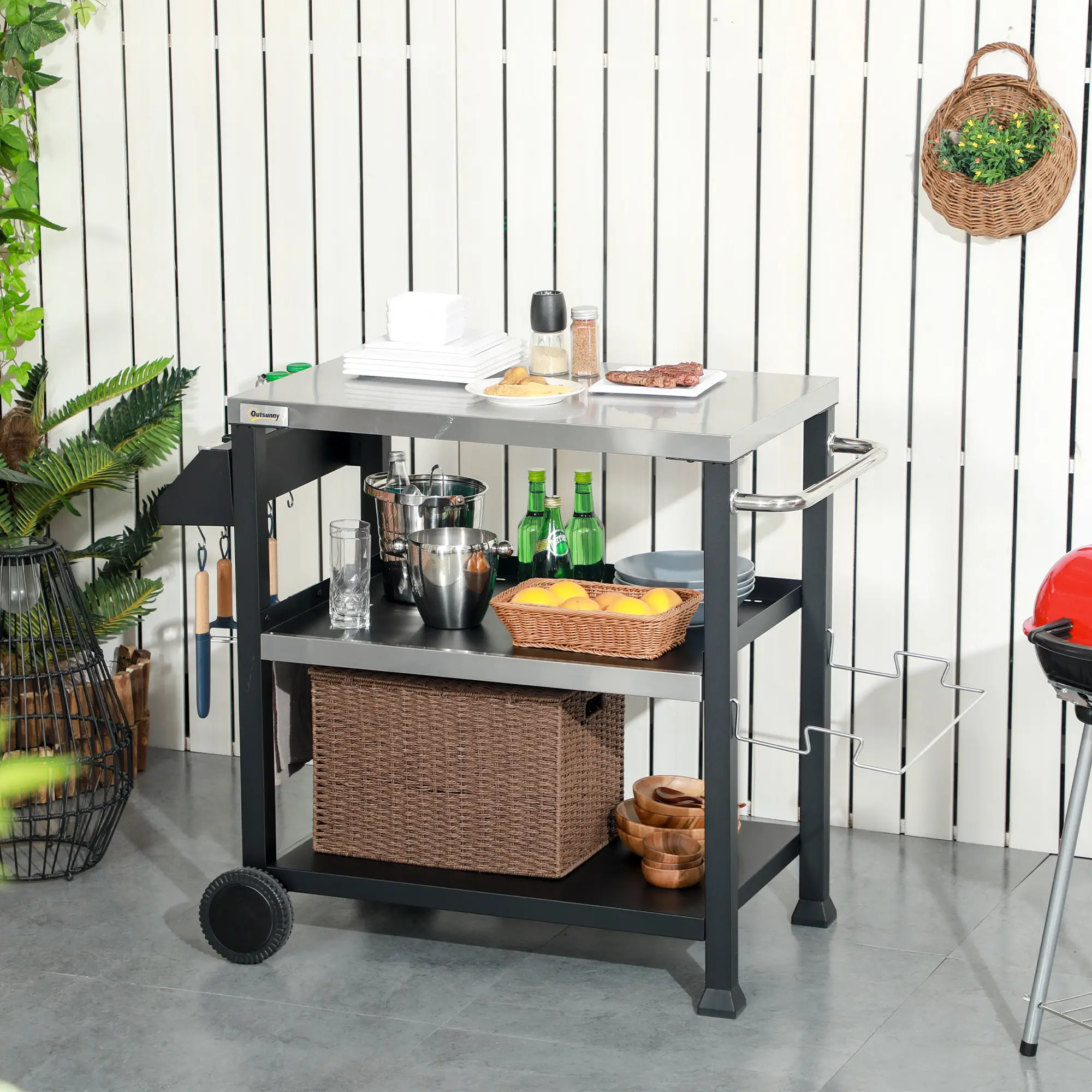 3-Shelf Outdoor Grill Cart, Stainless Steel Pizza Oven Stand On Wheels, Black - Image 2