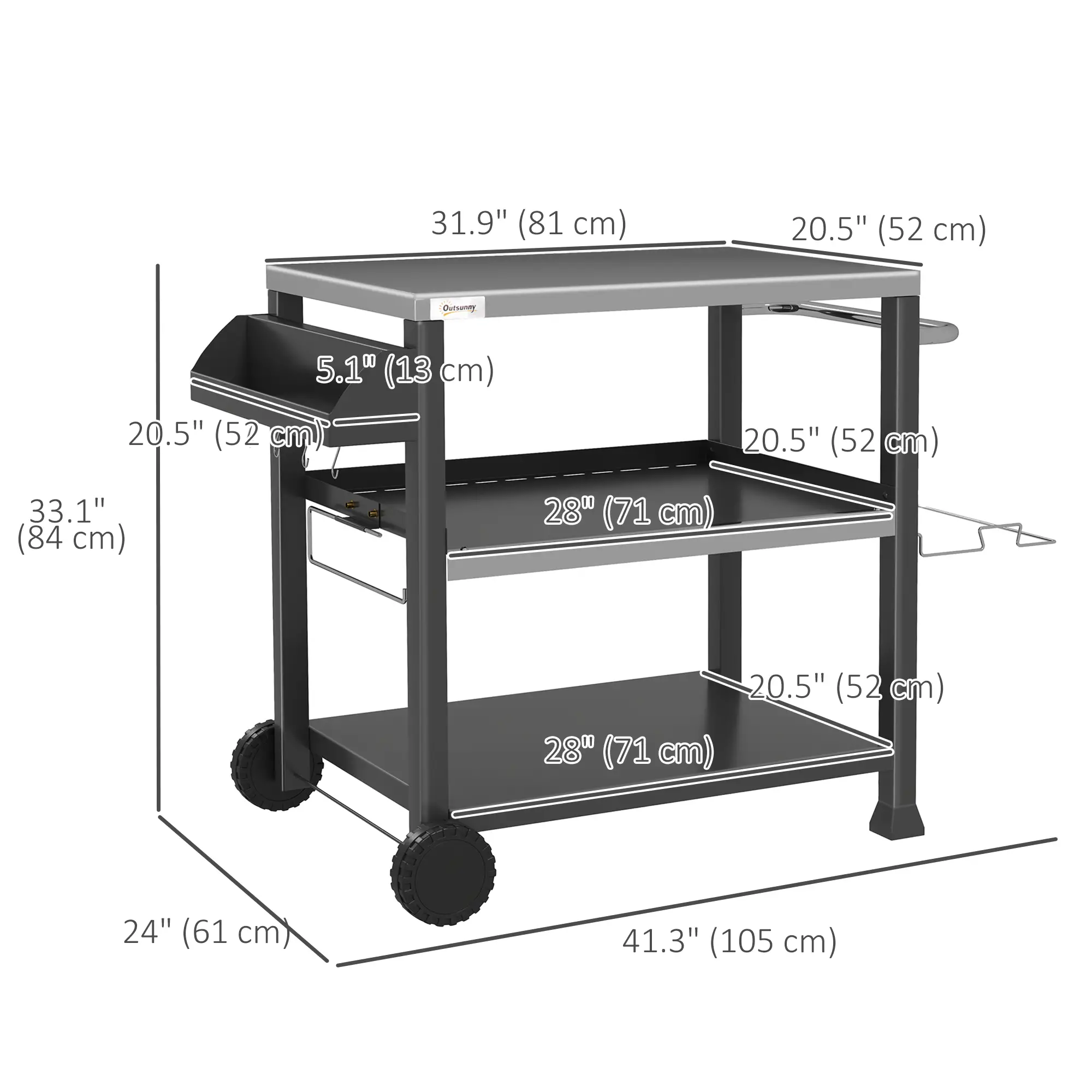 3-Shelf Outdoor Grill Cart, Stainless Steel Pizza Oven Stand On Wheels, Black - Image 3
