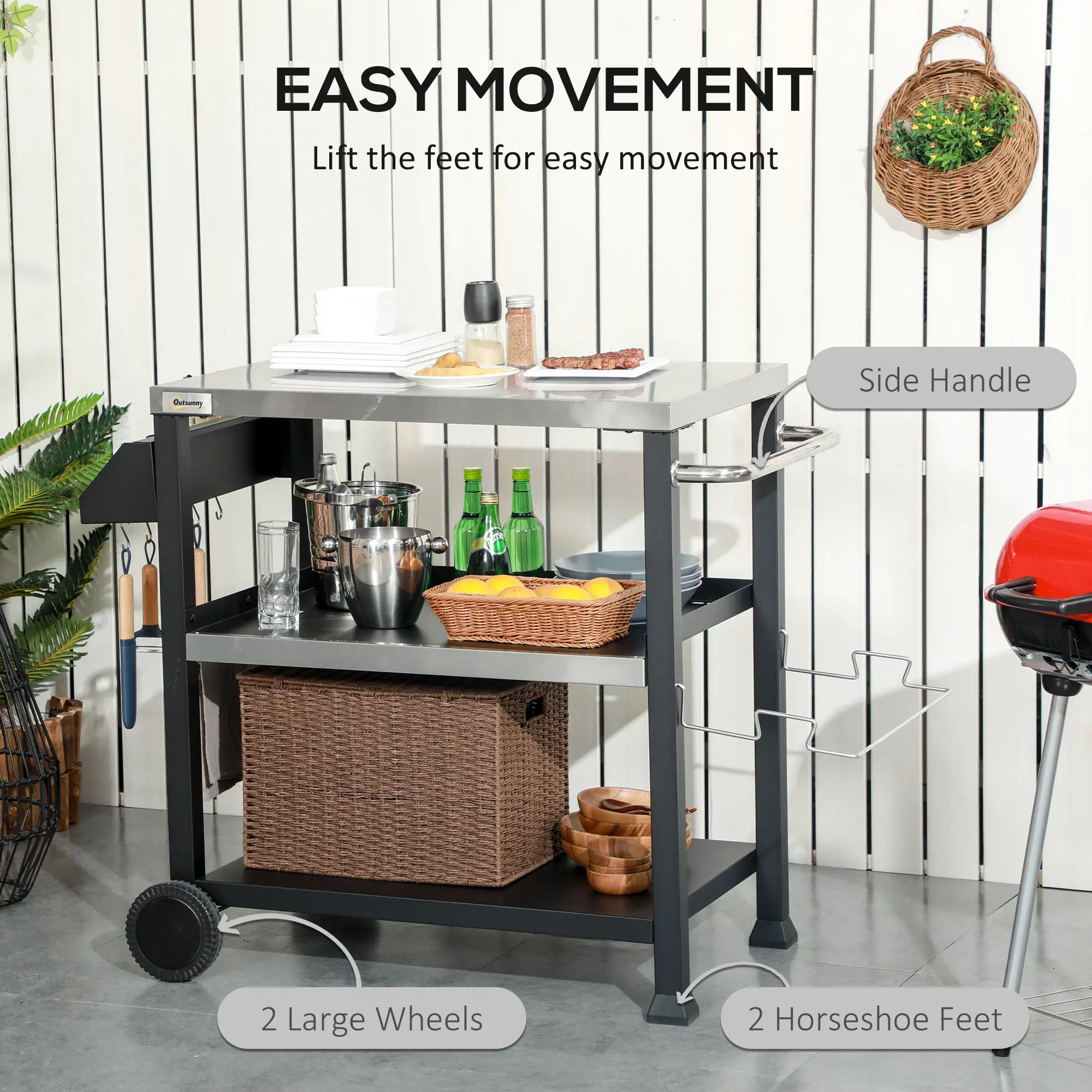 3-Shelf Outdoor Grill Cart, Stainless Steel Pizza Oven Stand On Wheels, Black - Image 4