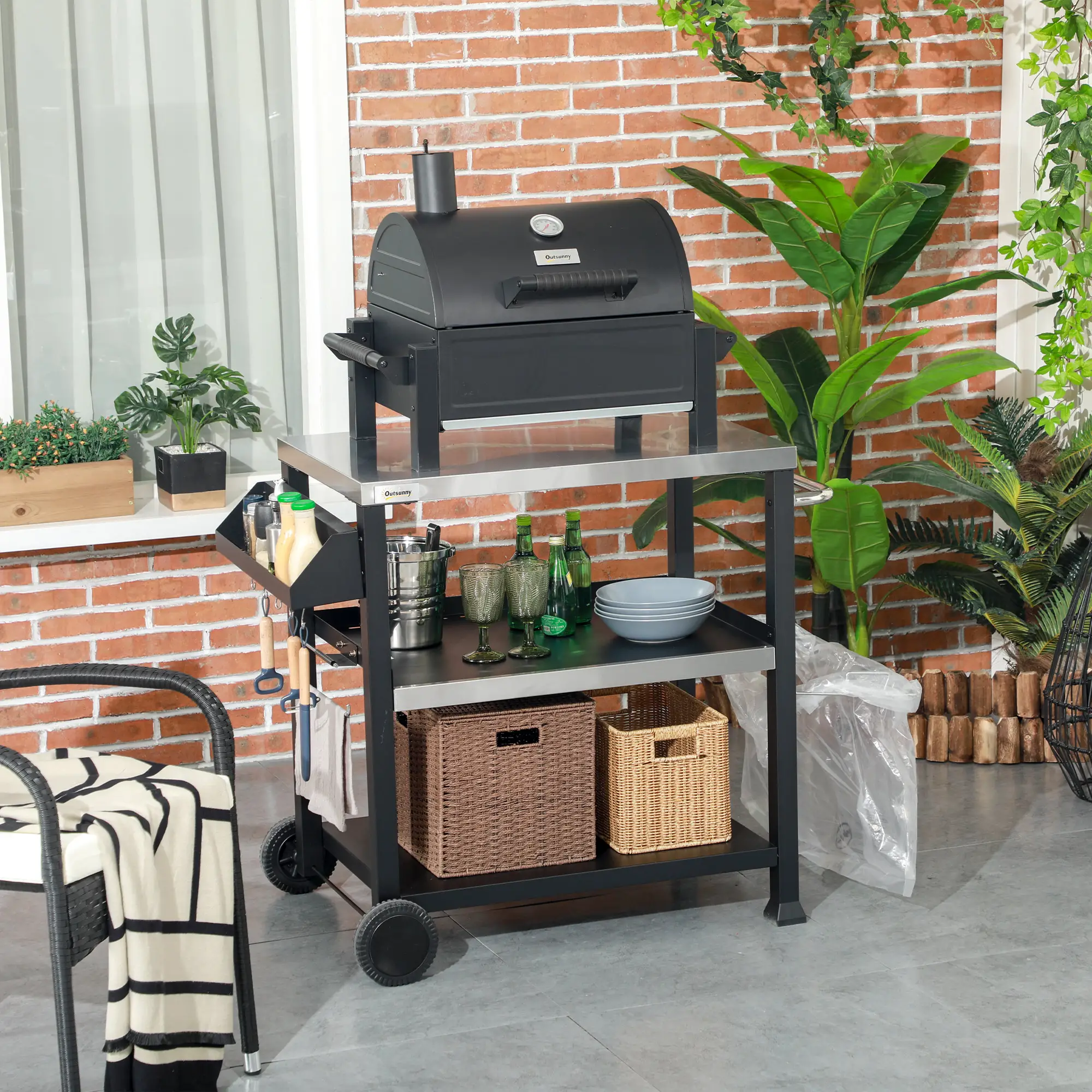 3-Shelf Outdoor Grill Cart, Stainless Steel Pizza Oven Stand On Wheels, Black - Image 8