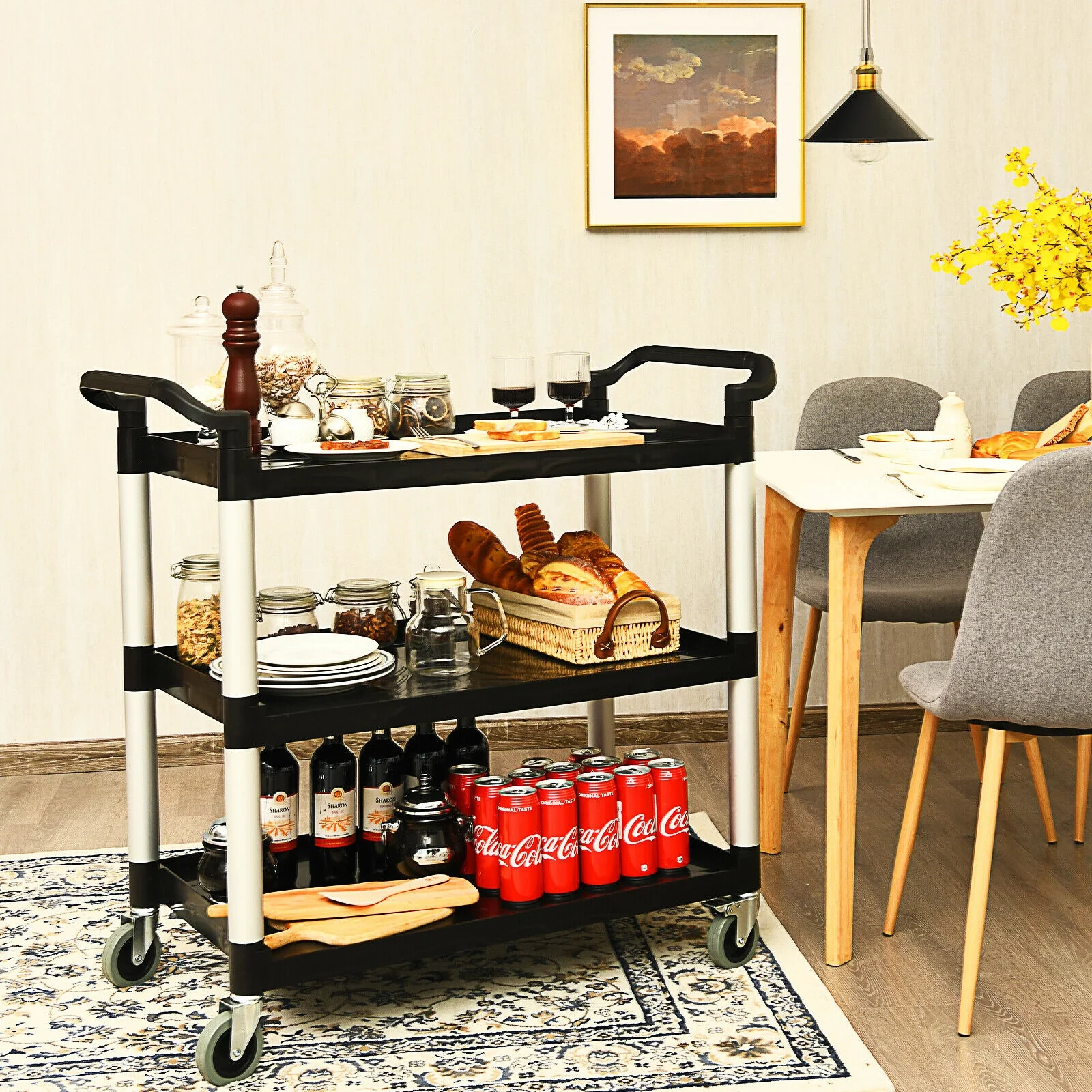 3-Shelf Utility Cart, Aluminum Frame, 490lbs Capacity, Black - Image 2