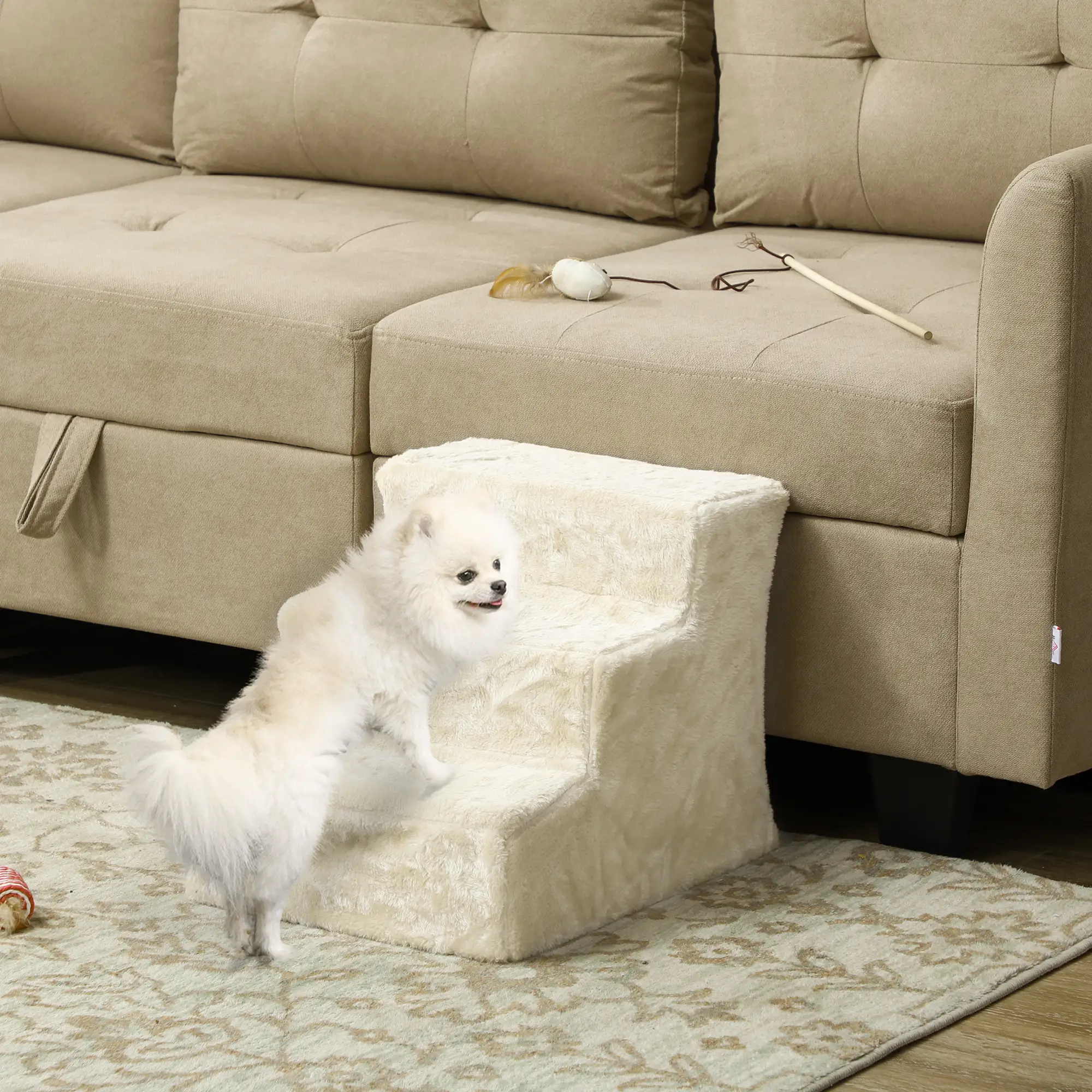 3-Step Dog Ramp for Sofa, Bed, Couch, Removable Cover, Beige - Image 2