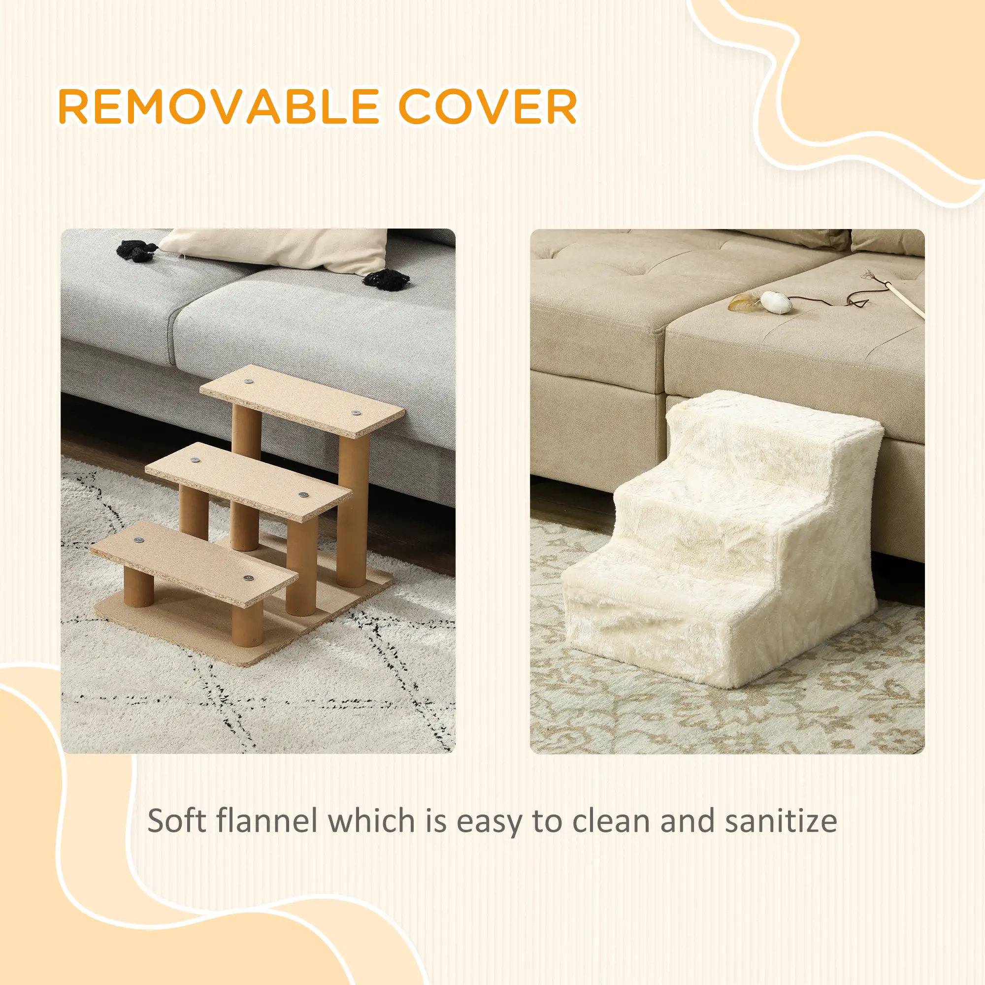 3-Step Dog Ramp for Sofa, Bed, Couch, Removable Cover, Beige - Image 5