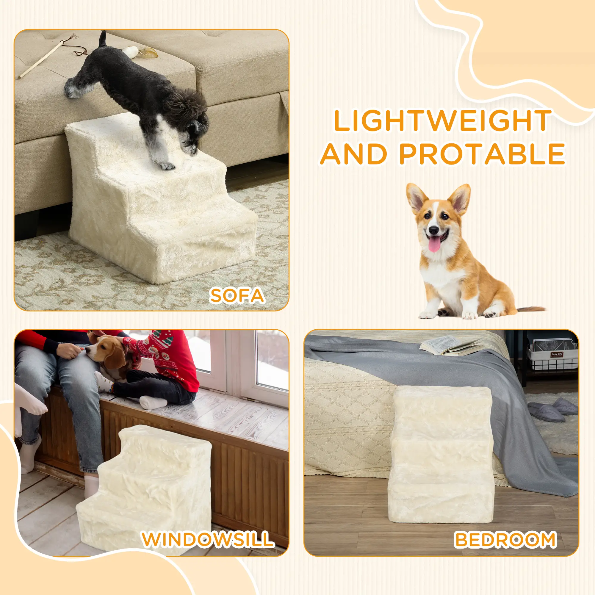 3-Step Dog Ramp for Sofa, Bed, Couch, Removable Cover, Beige - Image 7