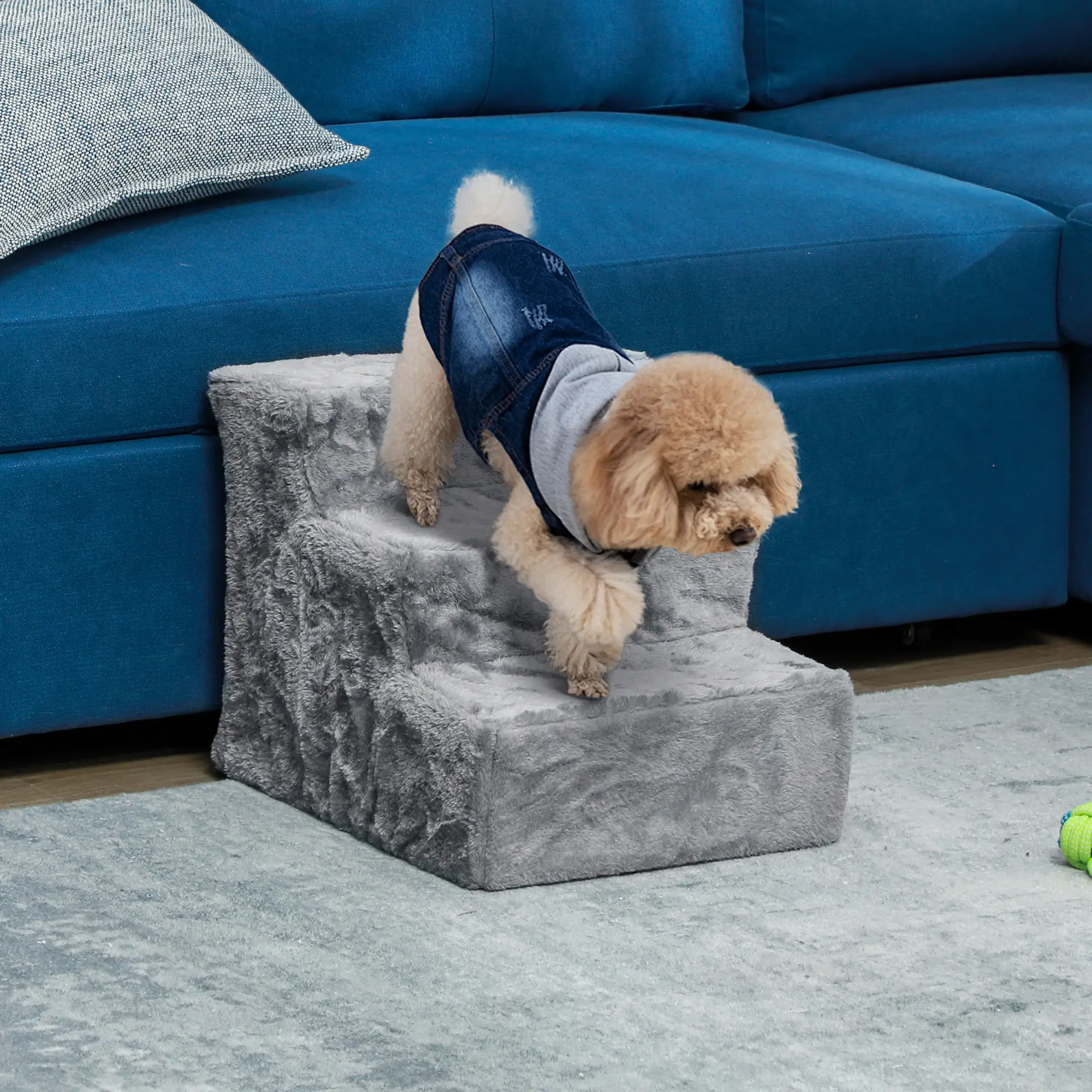 3-Step Dog Ramp for Sofa, Bed, Couch, Removable Cover, Light Grey - Image 2