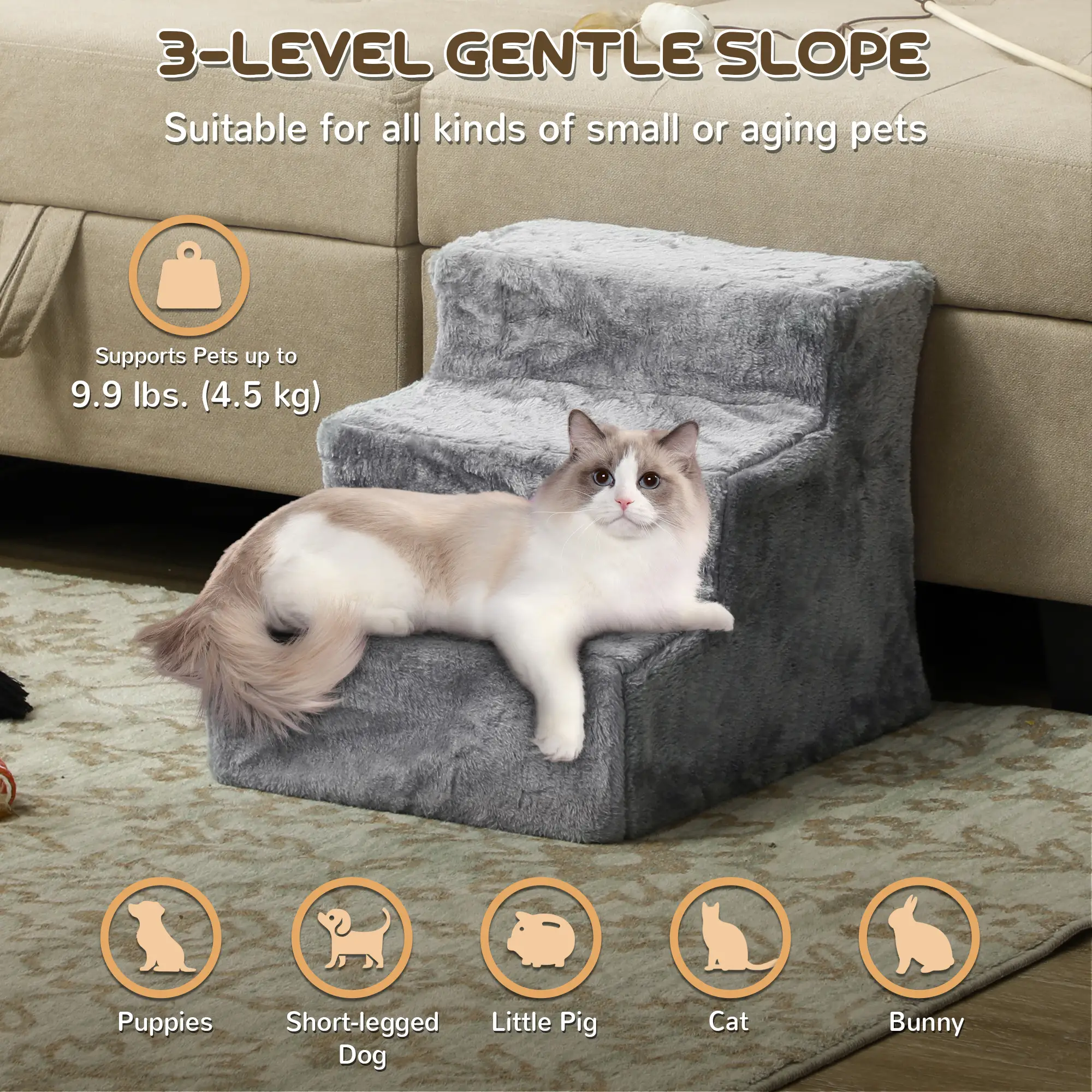 3-Step Dog Ramp for Sofa, Bed, Couch, Removable Cover, Light Grey - Image 4