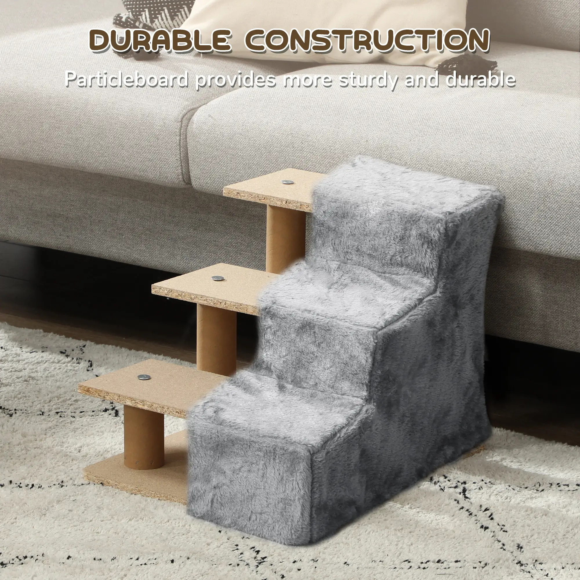 3-Step Dog Ramp for Sofa, Bed, Couch, Removable Cover, Light Grey - Image 6