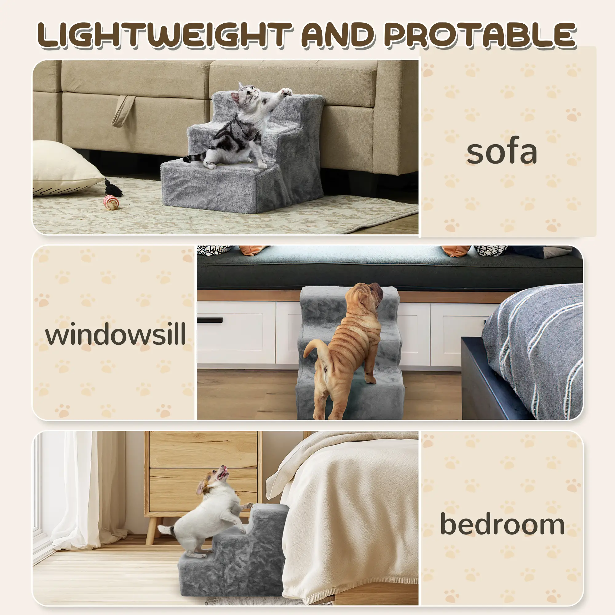 3-Step Dog Ramp for Sofa, Bed, Couch, Removable Cover, Light Grey - Image 7