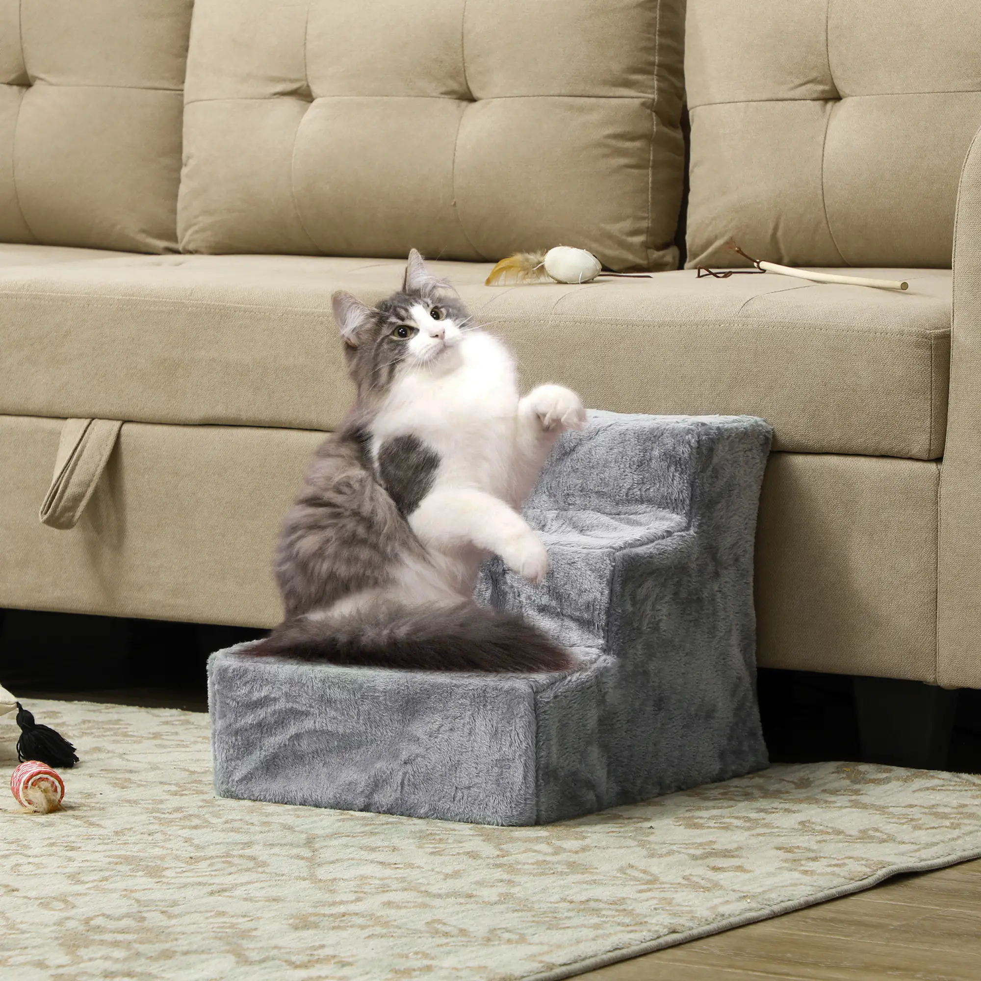 3-Step Dog Ramp for Sofa, Bed, Couch, Removable Cover, Light Grey - Image 8