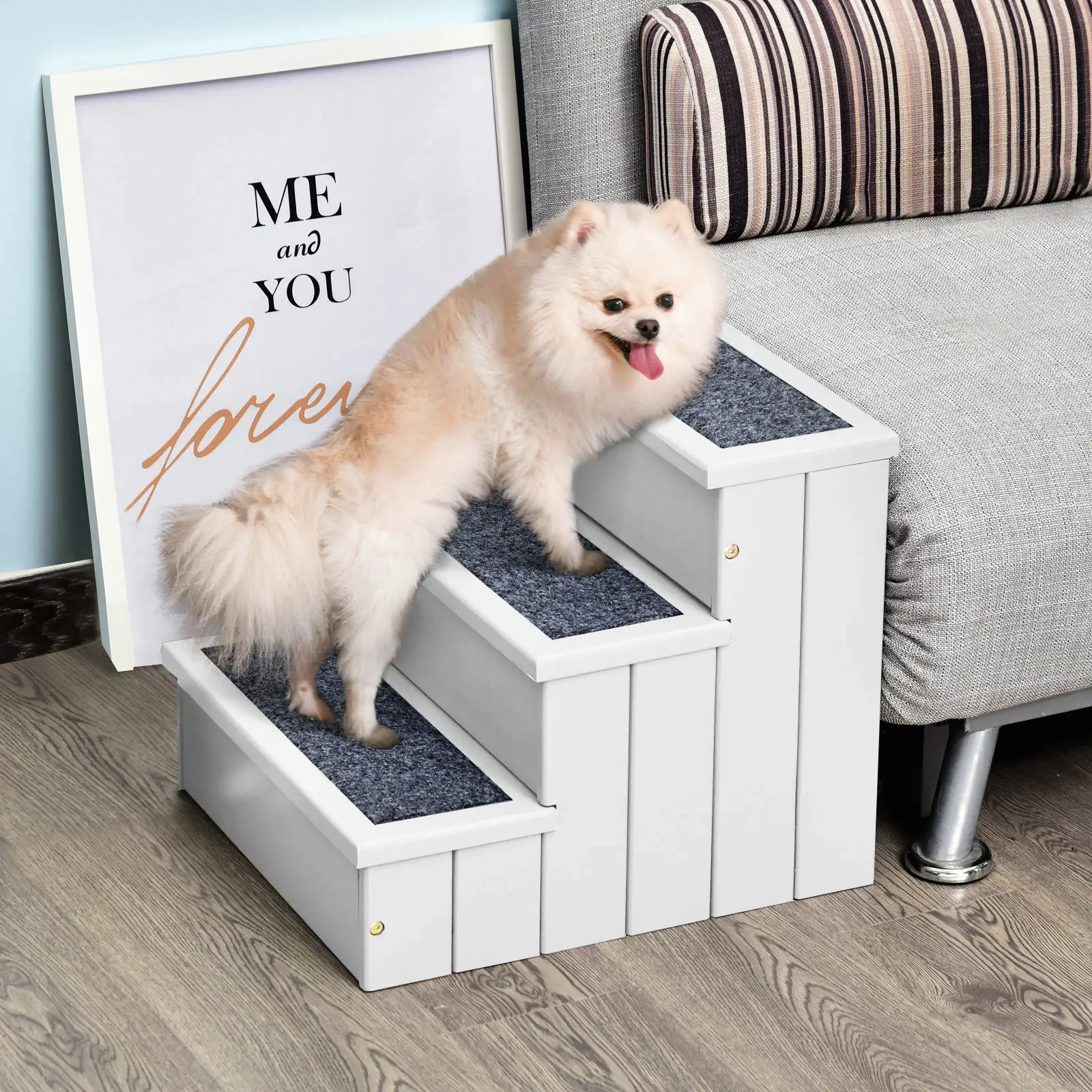 3-Step Dog Stairs For Small Dogs, Wooden Ramp With Storage Box, White - Image 2