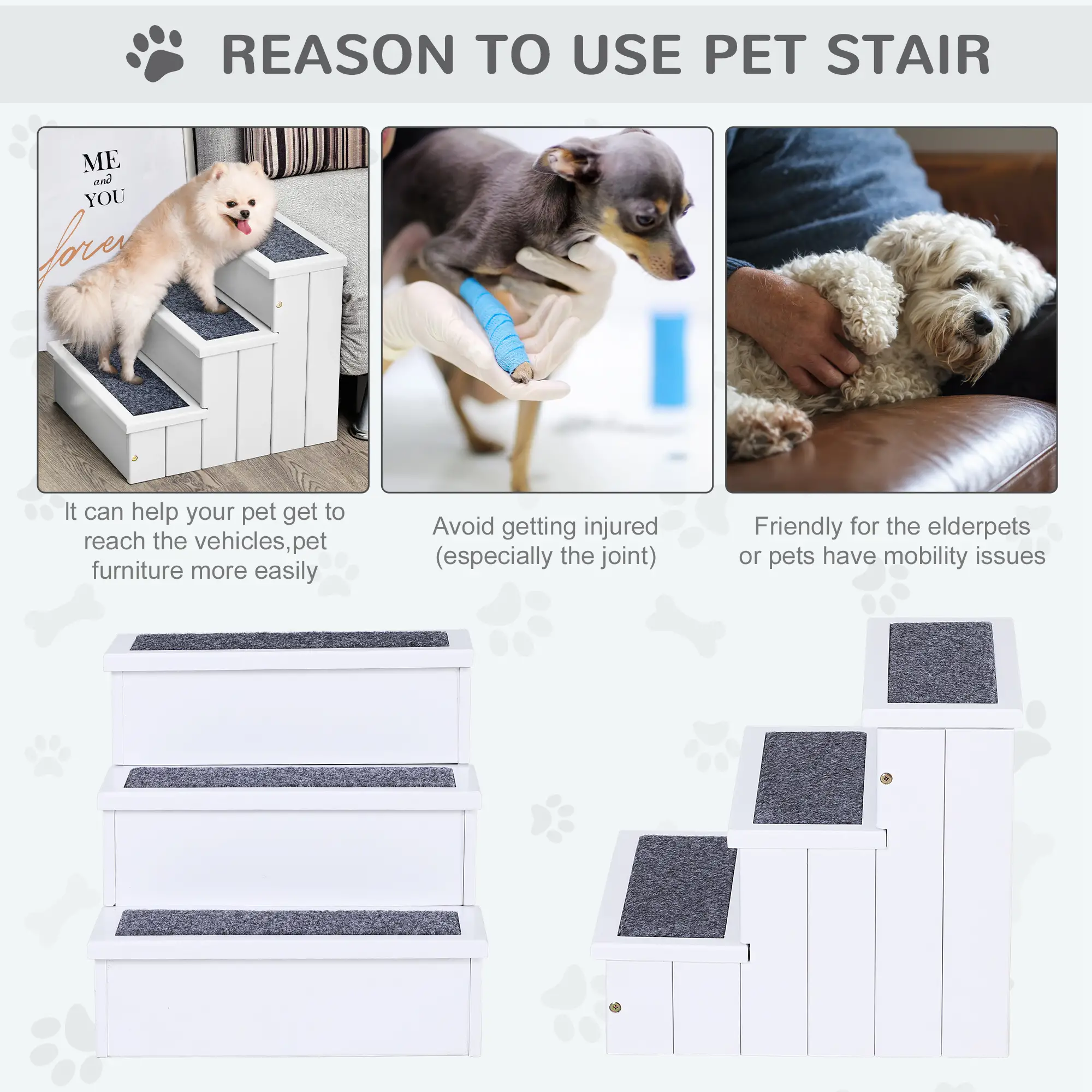 3-Step Dog Stairs For Small Dogs, Wooden Ramp With Storage Box, White - Image 4