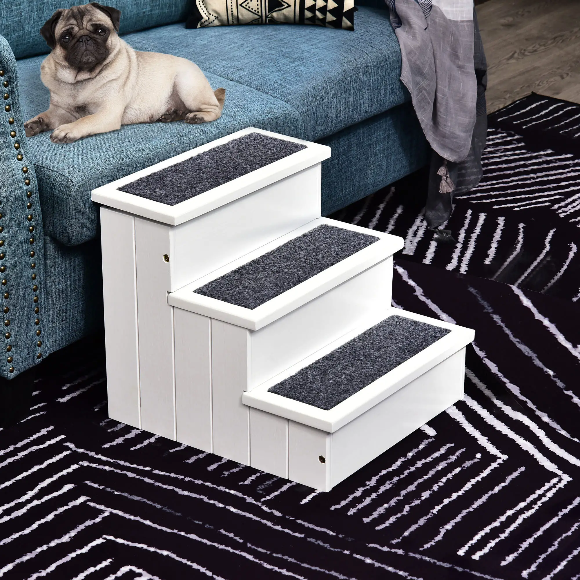 3-Step Dog Stairs For Small Dogs, Wooden Ramp With Storage Box, White - Image 7