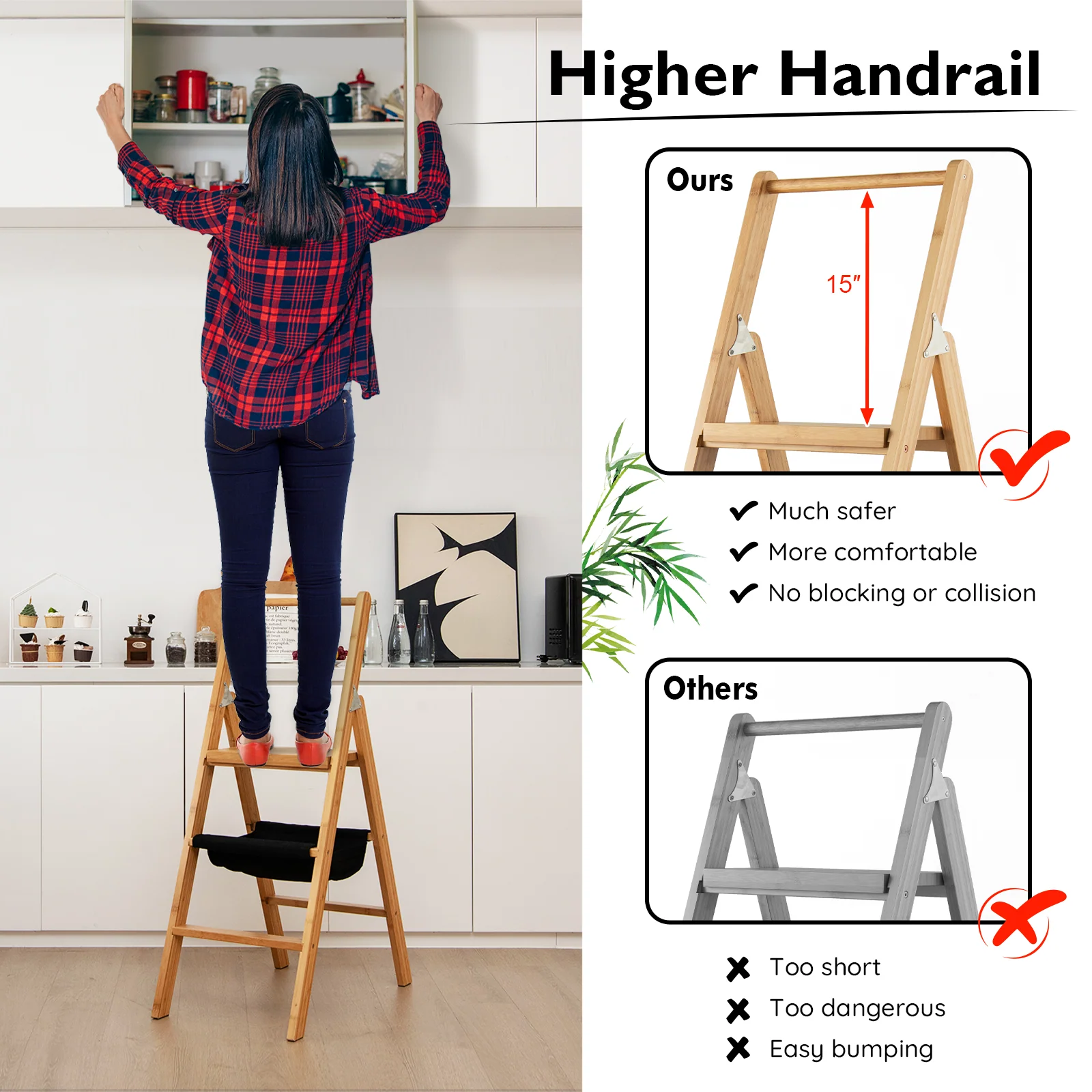 3 Step Foldable Bamboo Ladder Stool, Natural - Image 8