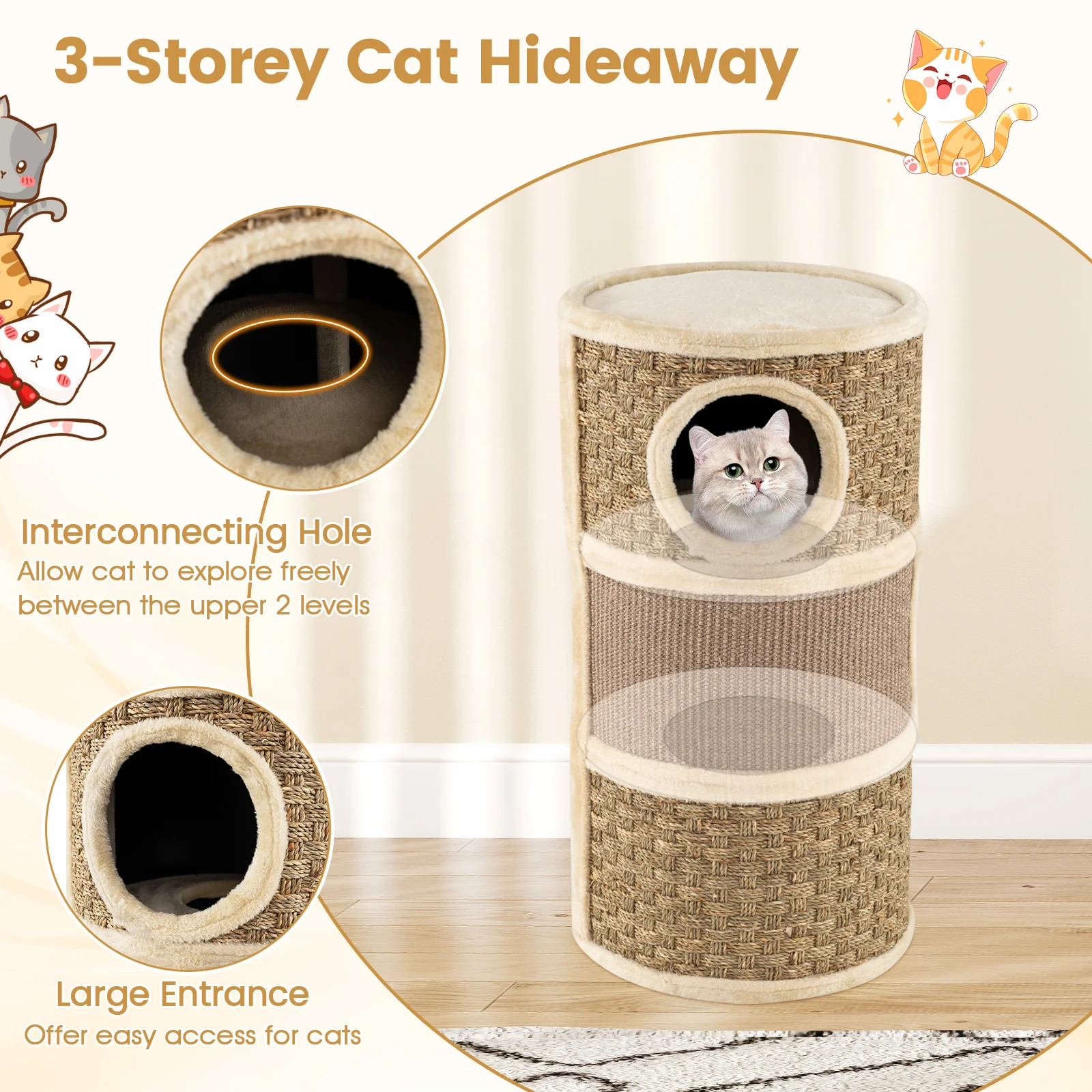 3-Story Cat Condo 28 Inch Multi-level Cat Hideaway with Sisal Scratching Pad, Brown - Image 10