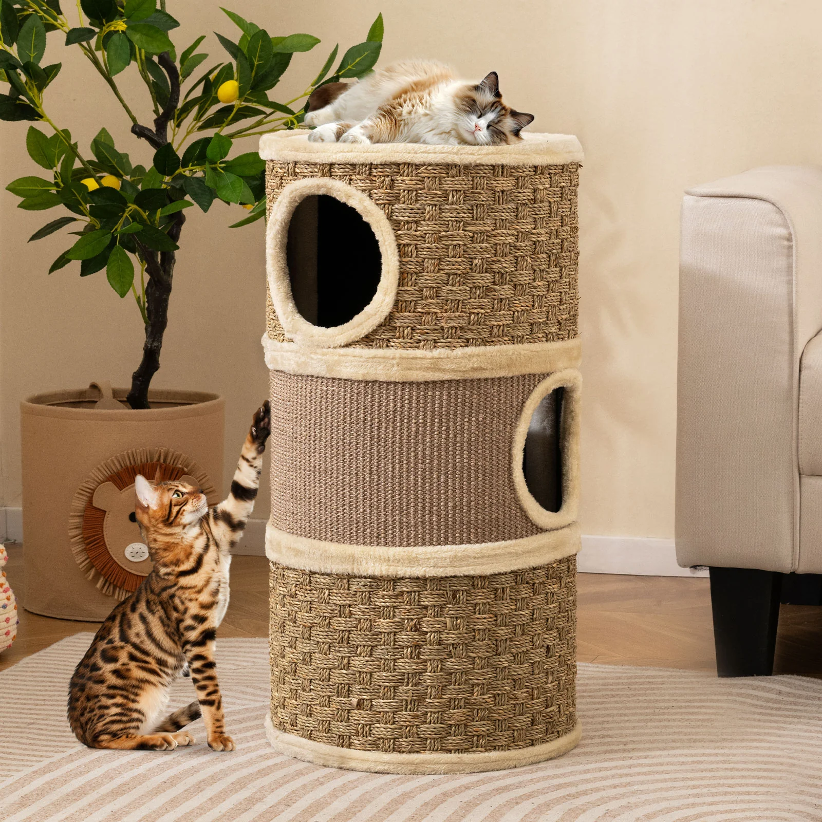 3-Story Cat Condo 28 Inch Multi-level Cat Hideaway with Sisal Scratching Pad, Brown - Image 2