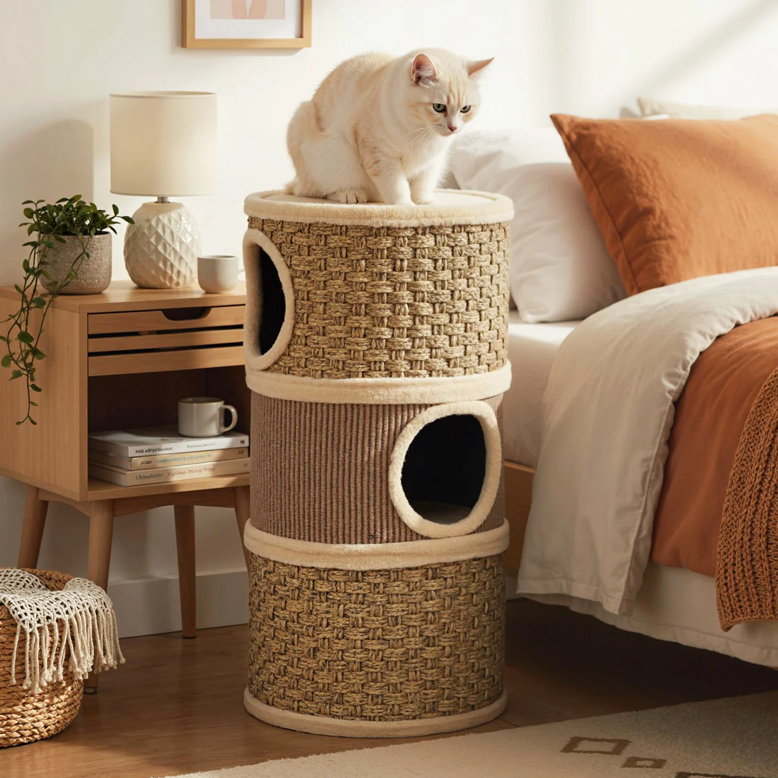 3-Story Cat Condo 28 Inch Multi-level Cat Hideaway with Sisal Scratching Pad, Brown - Image 3